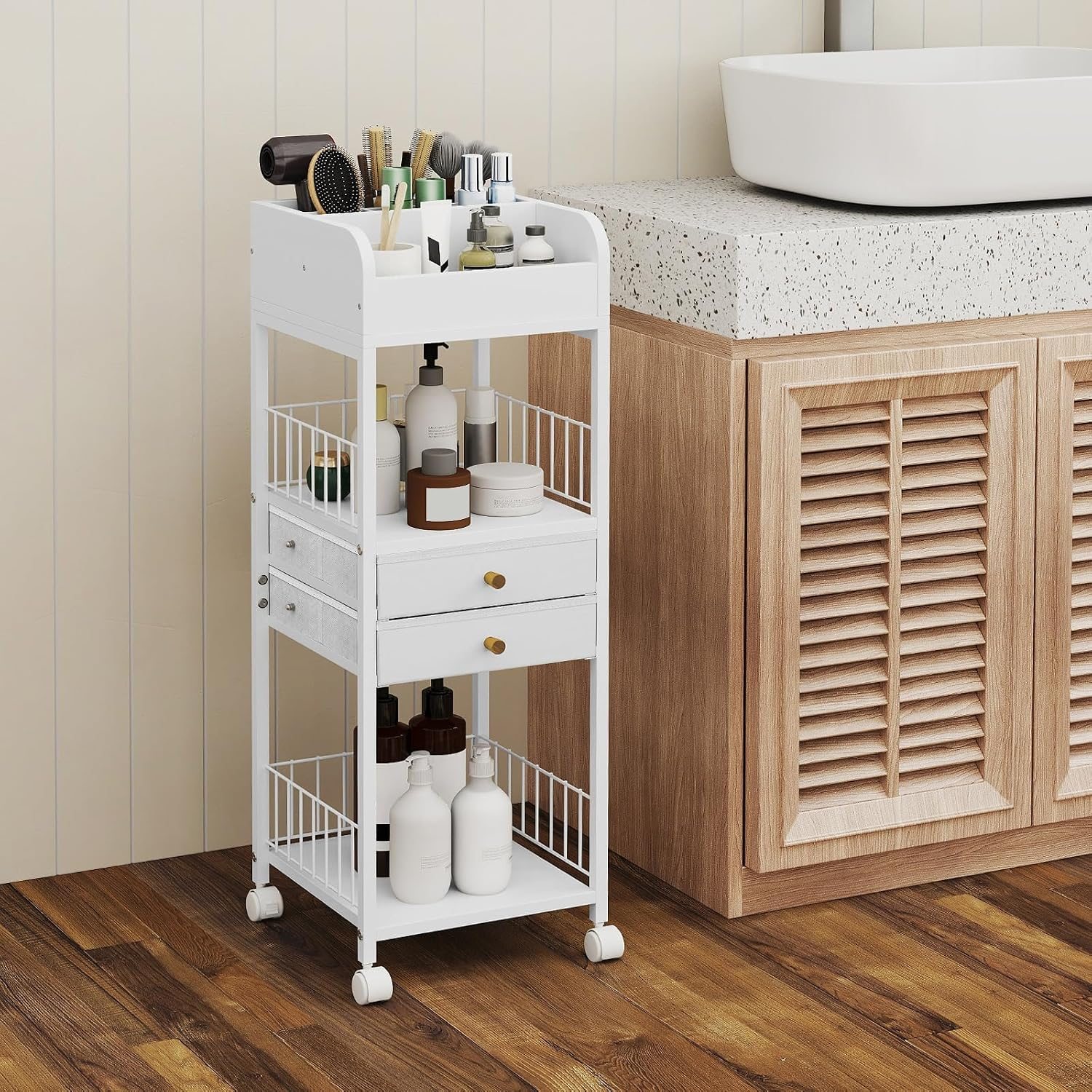 Image of Makeup Organizer Cart, Cosmetics Display Cases Holder With 2 Storage Drawers, Lockable Wheels, Rolling Floor Skincare Cosmetics Organizer