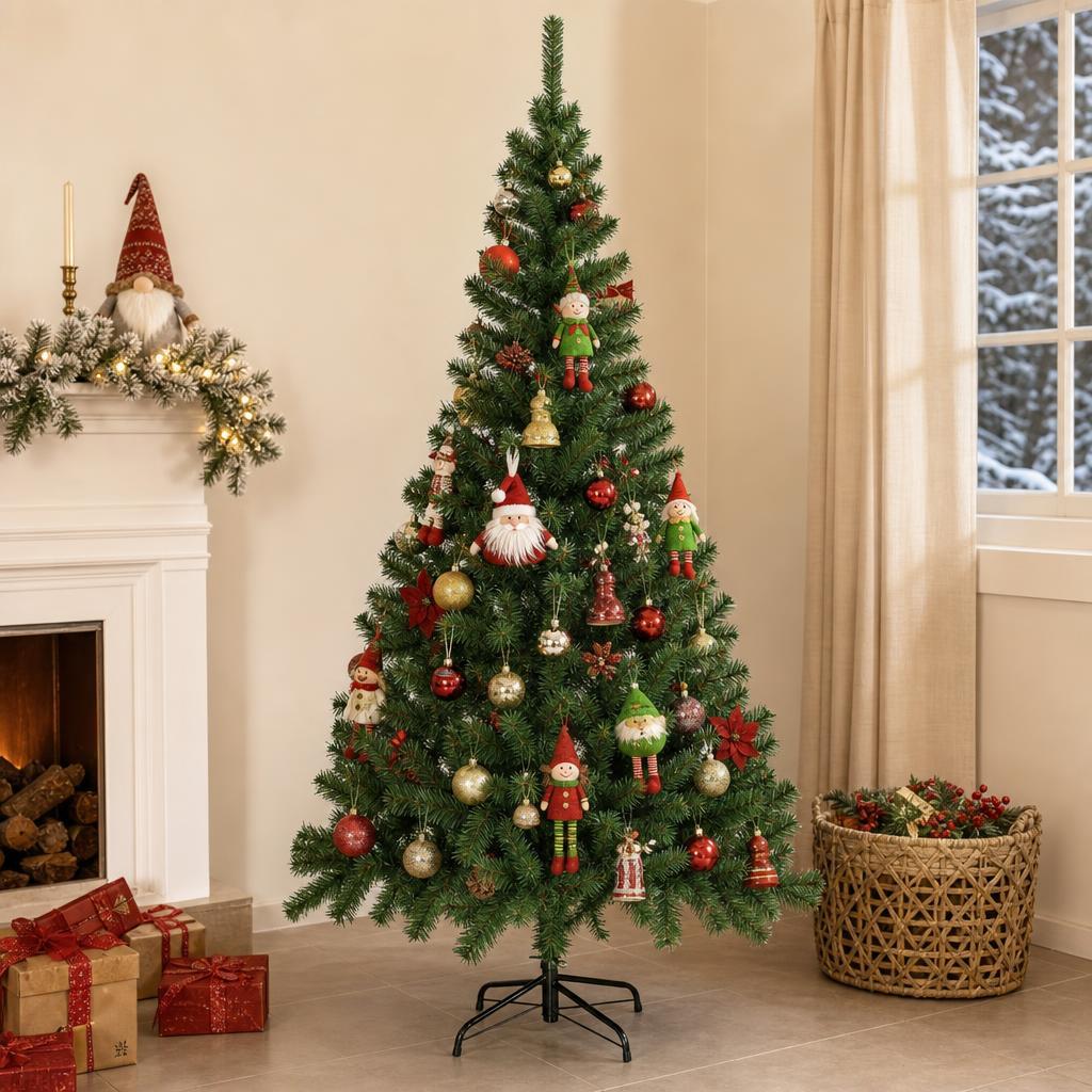 TEMU Árbol de Navidad Artificial Verde de 210 cm con Soporte Metálico de , Ramas Frondosas y Moldeables, Árbol Navideño Desmontable para Decoración