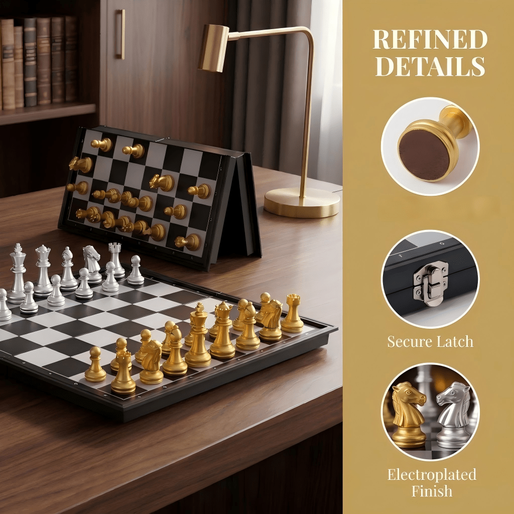 Image of 25 X 25cm Foldable Chess Game Set, Gold & Silver Portable Chess Board, Game, Ideal For Family Activities, Gatherings And Indoor Entertainment