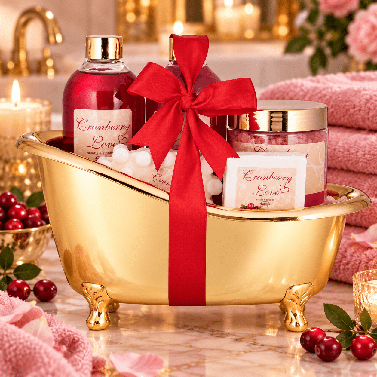 Image of Brubaker Cosmetics 6pcs Gift Set Love - Bath And Shower Set In Golden Decorative Tub - Beauty Bath Gift Set For Women - Gold Red
