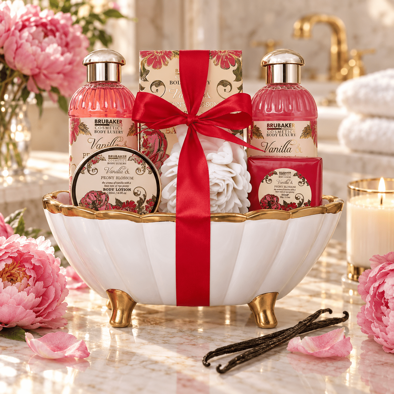 TEMU BRUBAKER Cosmétiques Coffret Cadeau Muguet & Vanille avec Bol en Céramique de - Ensemble de Douche et Bain 7 pièces Cadeau pour Femmes