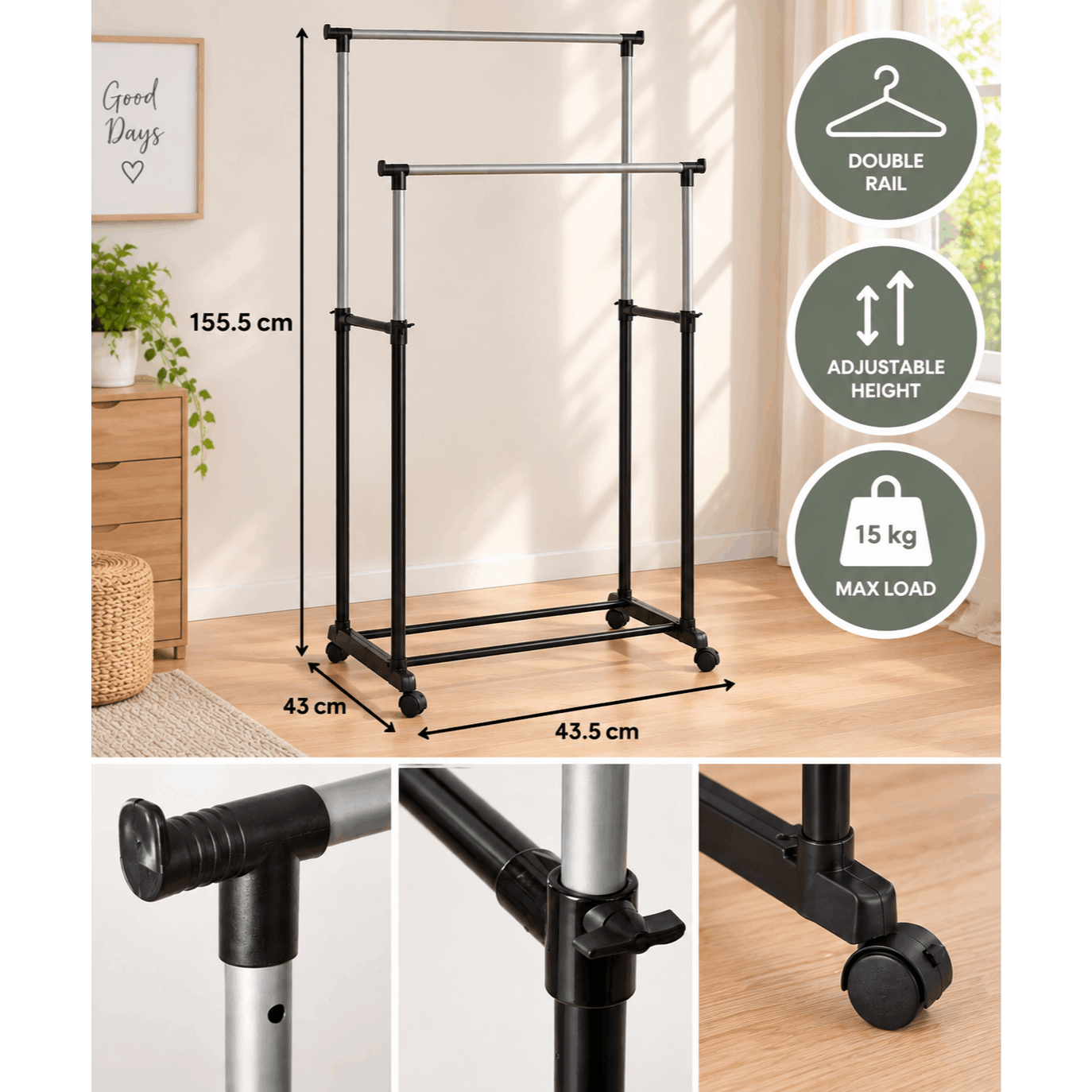 TEMU Portant à vêtements double réglable en hauteur – Penderie autoportante en métal noir avec 2 barres de suspension