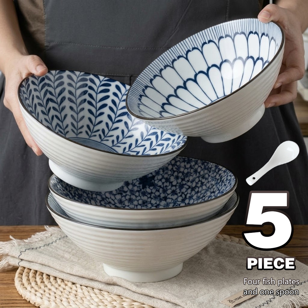 TEMU 4pcs Ceramic Dinnerware Set + 1 Spoon – 8 Inch (20.32 Cm) Pasta Bowls, Salad Plates & Serving Set. Chip-resistant, Durable, Dishwasher Safe. For