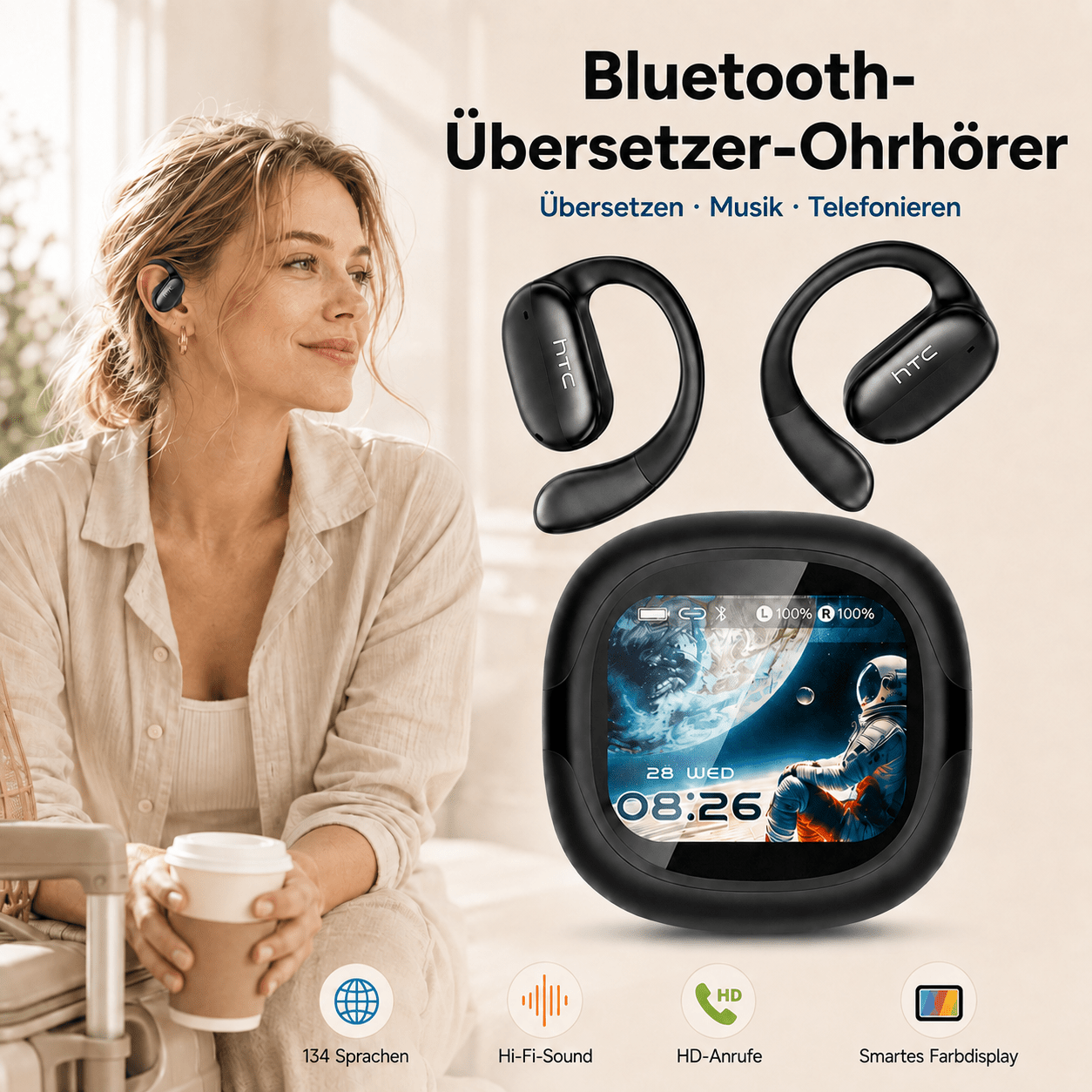 TEMU Ne58 Bluetooth Translator Earbuds For 134 Languages, Wireless Headphones With Led Display, Microphone, Noise Reduction, And Usb-c Charging Case,