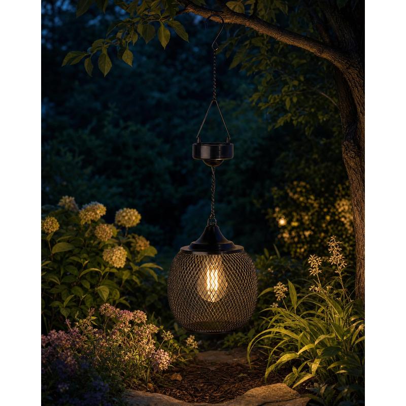 Image of Solar Led Hanging Lantern Np-gh-mh Metal Mesh Filament Warm White Ip44
