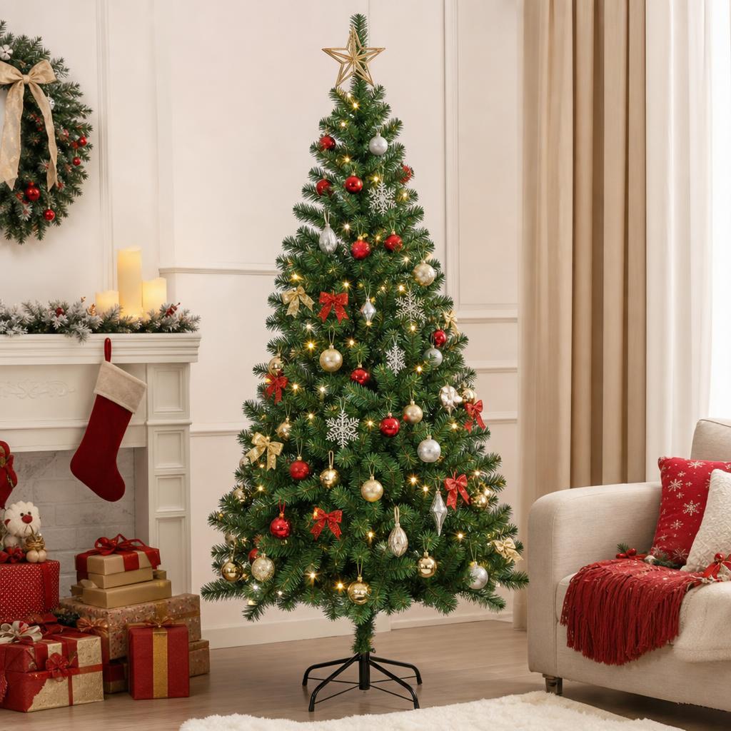 TEMU Árbol de Navidad Artificial 180cm 210cm con Base Metálica Estable, Desmontable para Decoración , Oficina y Comercios