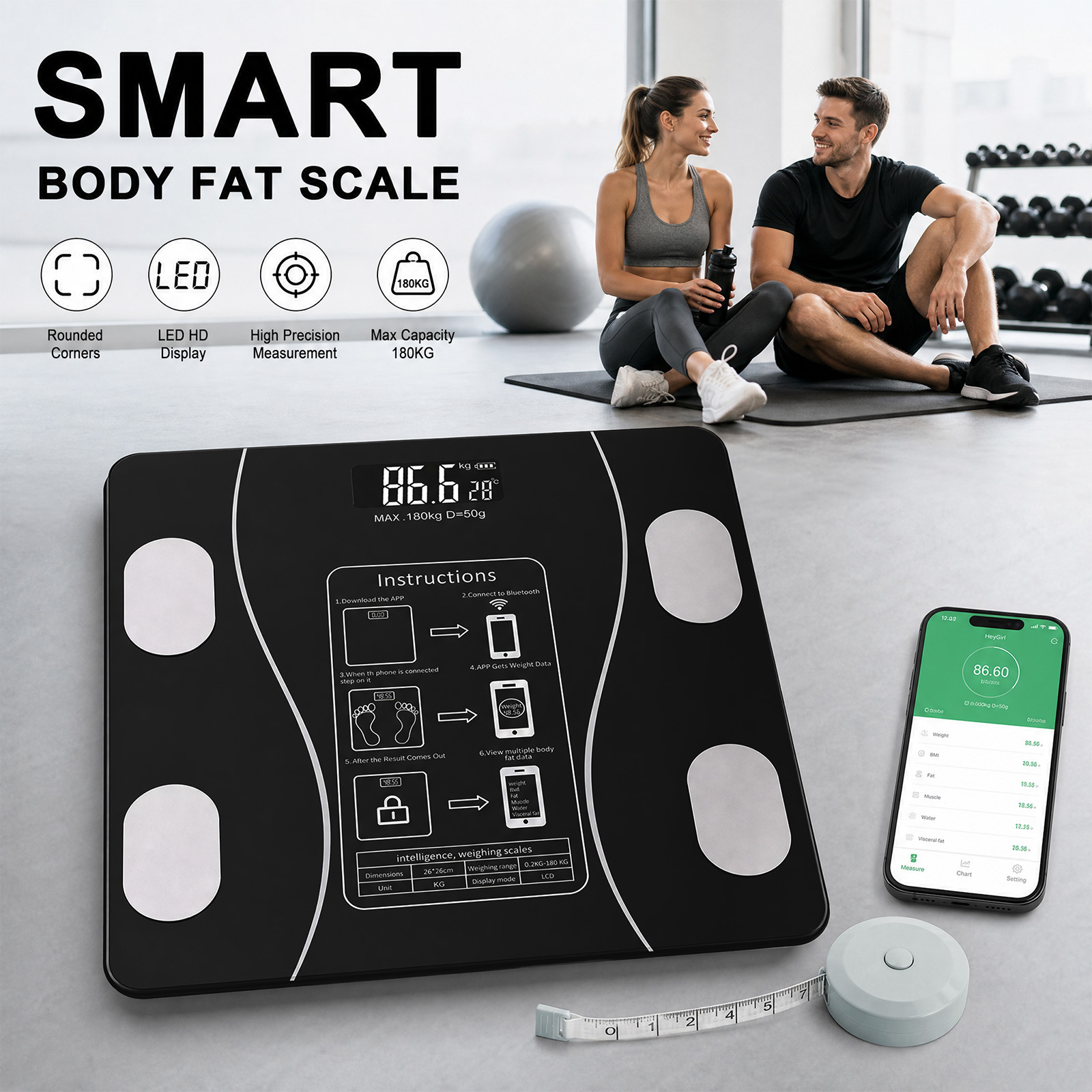 TEMU Pèse-personne intelligent mesurant la graisse , avec mètre ruban de 1,5 m, pèse-personne numérique de salle de bain rechargeable par USB avec