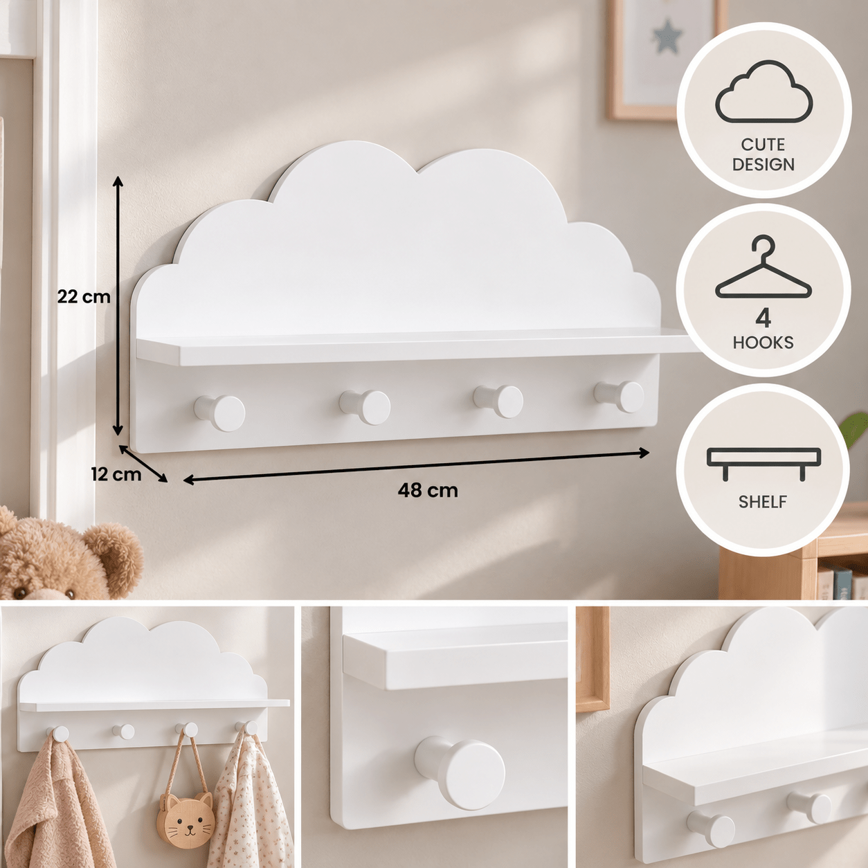 TEMU White Wooden Wall-mounted Coat Rack With 4 Hooks And Shelf – Cloud Shape – Wall Storage For Clothes And Accessories – 48 X 22 X 12 Cm
