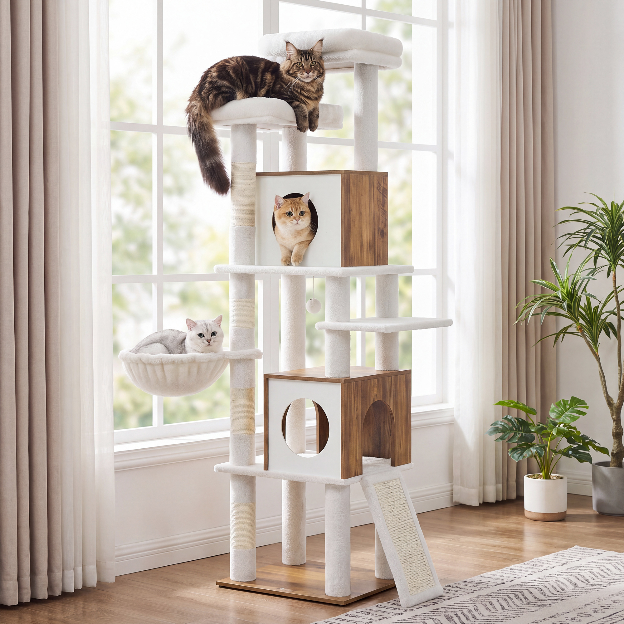 Image of Scratching Tree Scratching Tower With Cat House And Sisal Stem 48 X 40 X 171 Cm Yellow-brown