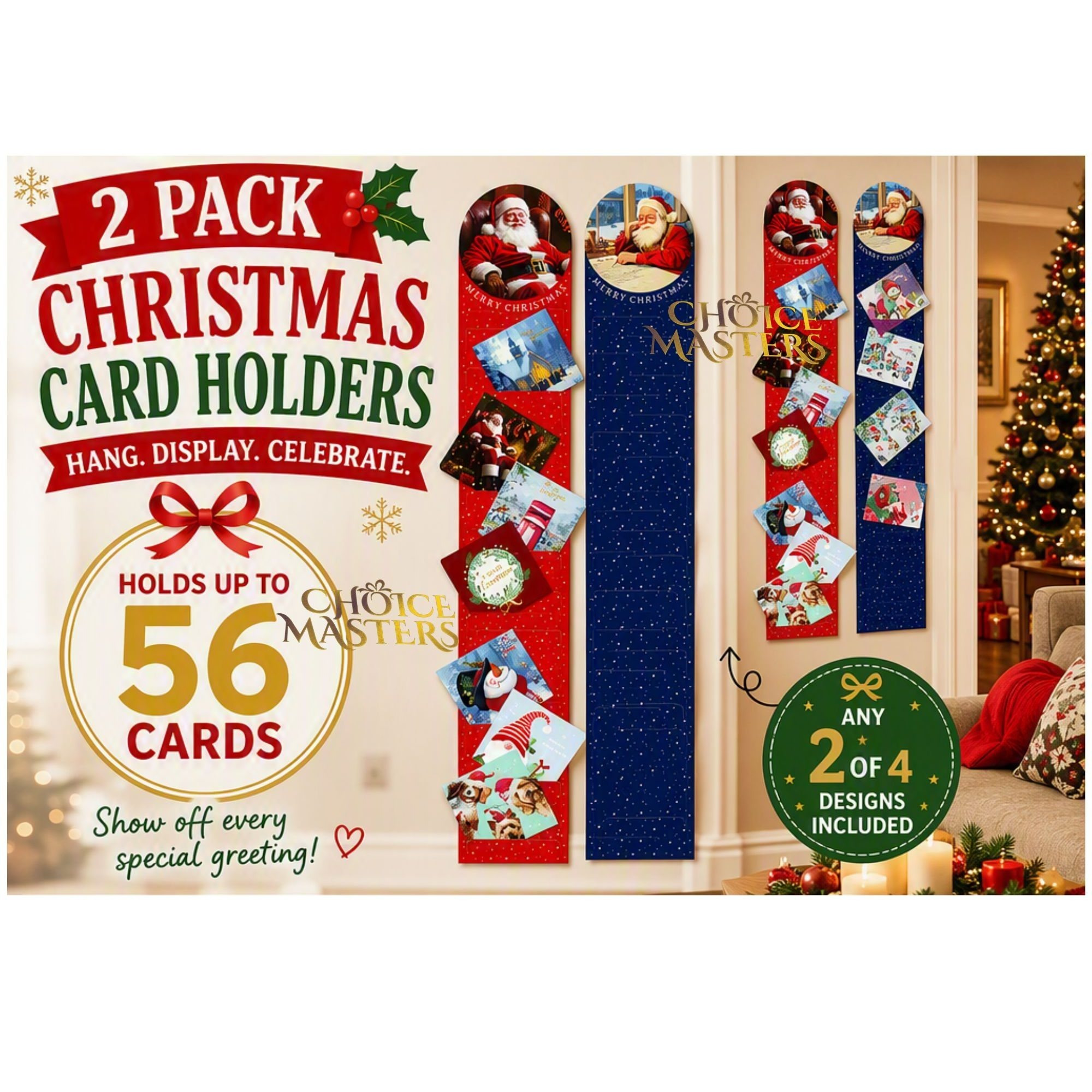 TEMU Set Of 2 Or 4 Christmas Card Holder | Traditional Design Santa Claus | Red & Gold Santa Festive Designs | Great For Xmas, Hanging Wall, Gift,