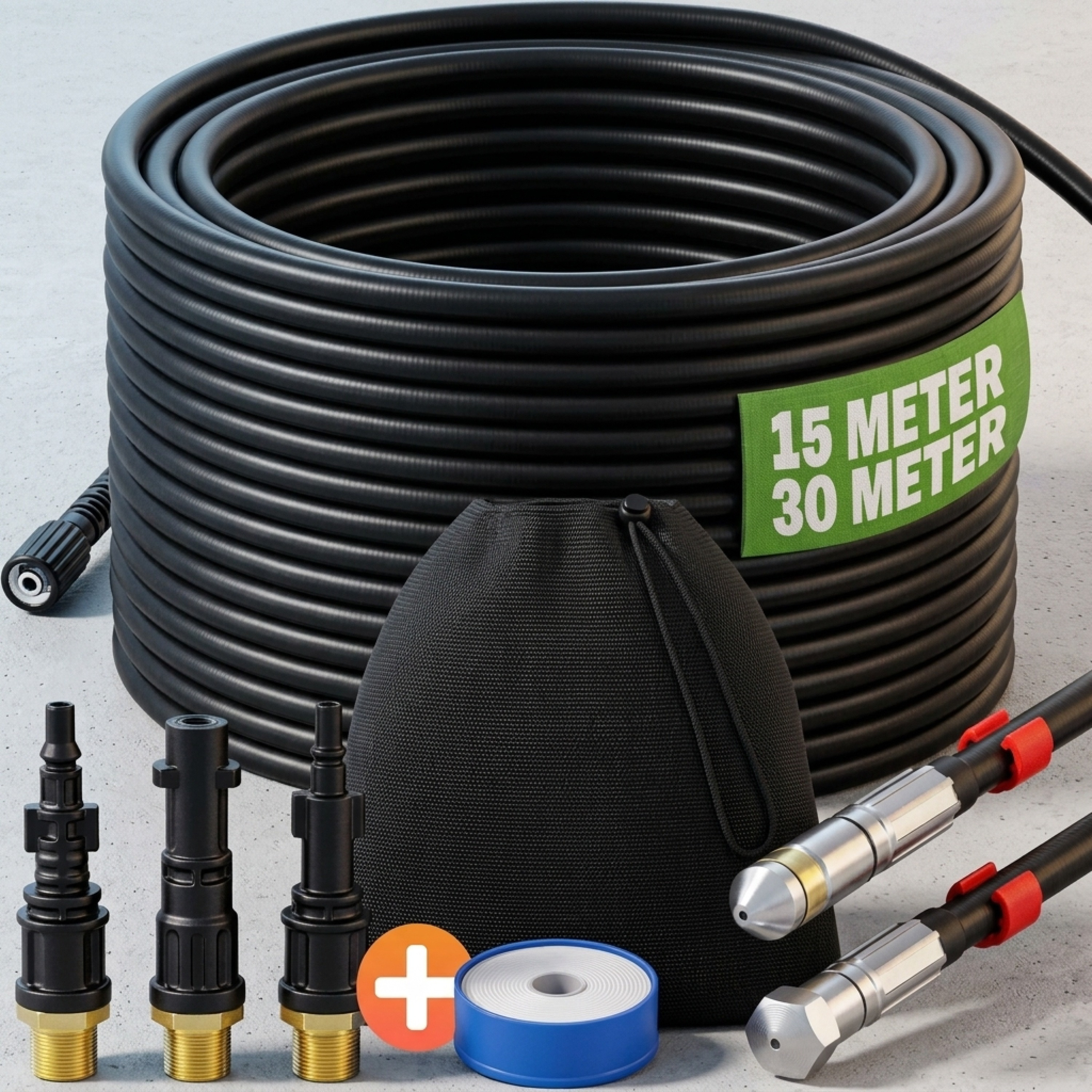 TEMU Kit de tuyau de nettoyage pour tuyaux premium, 15 m, , inclut 3 adaptateurs, 2 buses, kit universel pour nettoyeur haute pression pour Kärcher ,