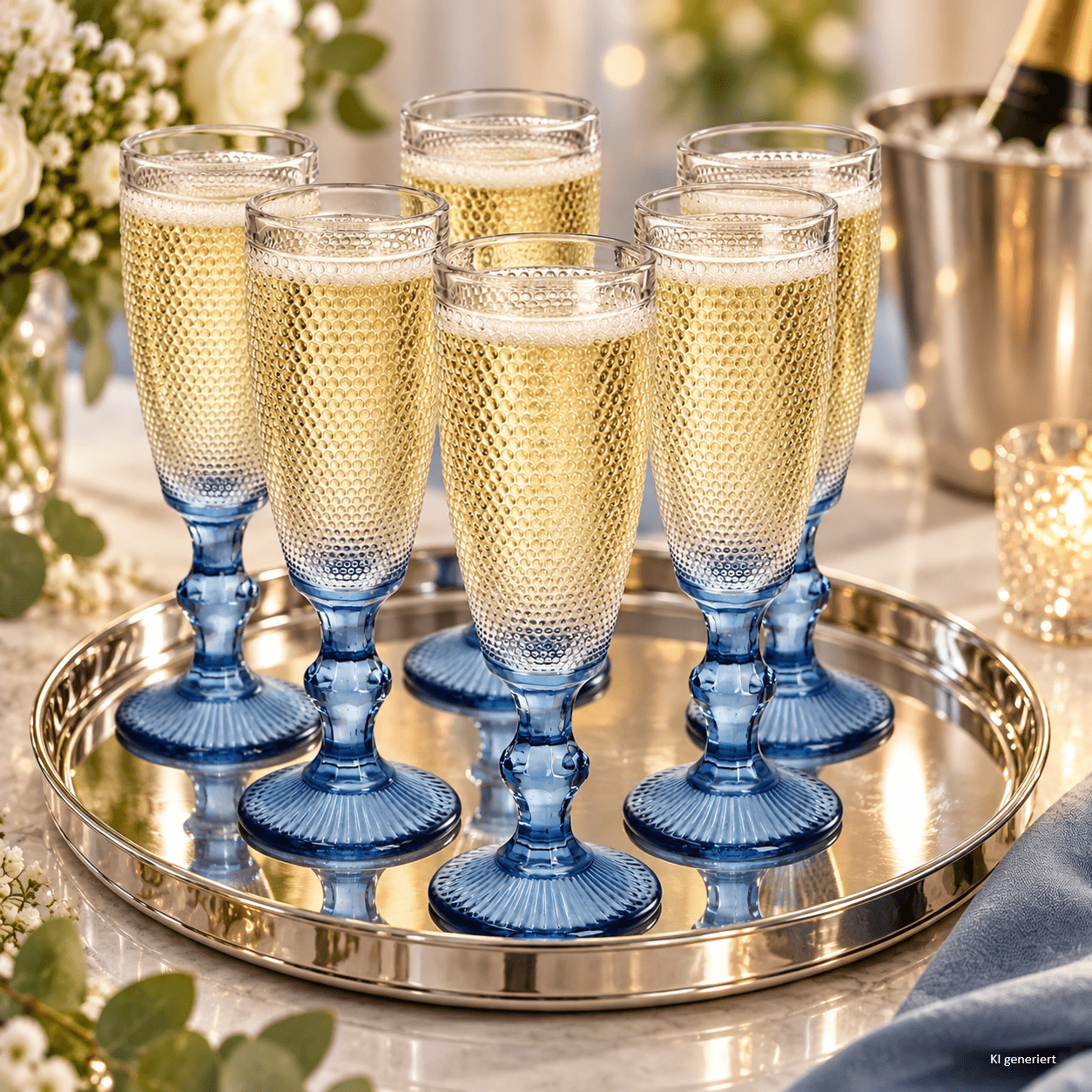 Image of 6pcs Set Of Sapphire Blue 150 Ml Flutes, Glass With Structured Bowl And Blue Stem For , Prosecco, , Party, Wedding & Banquet, Flute, Bowl