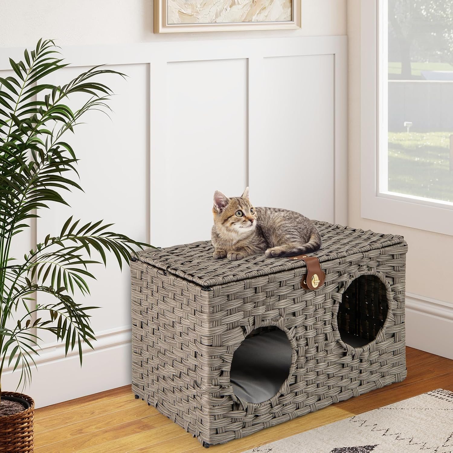 Image of Cat Furniture With , 2 Round Hole Entries, Lid With Loop, Folding Rattan Cat Niche