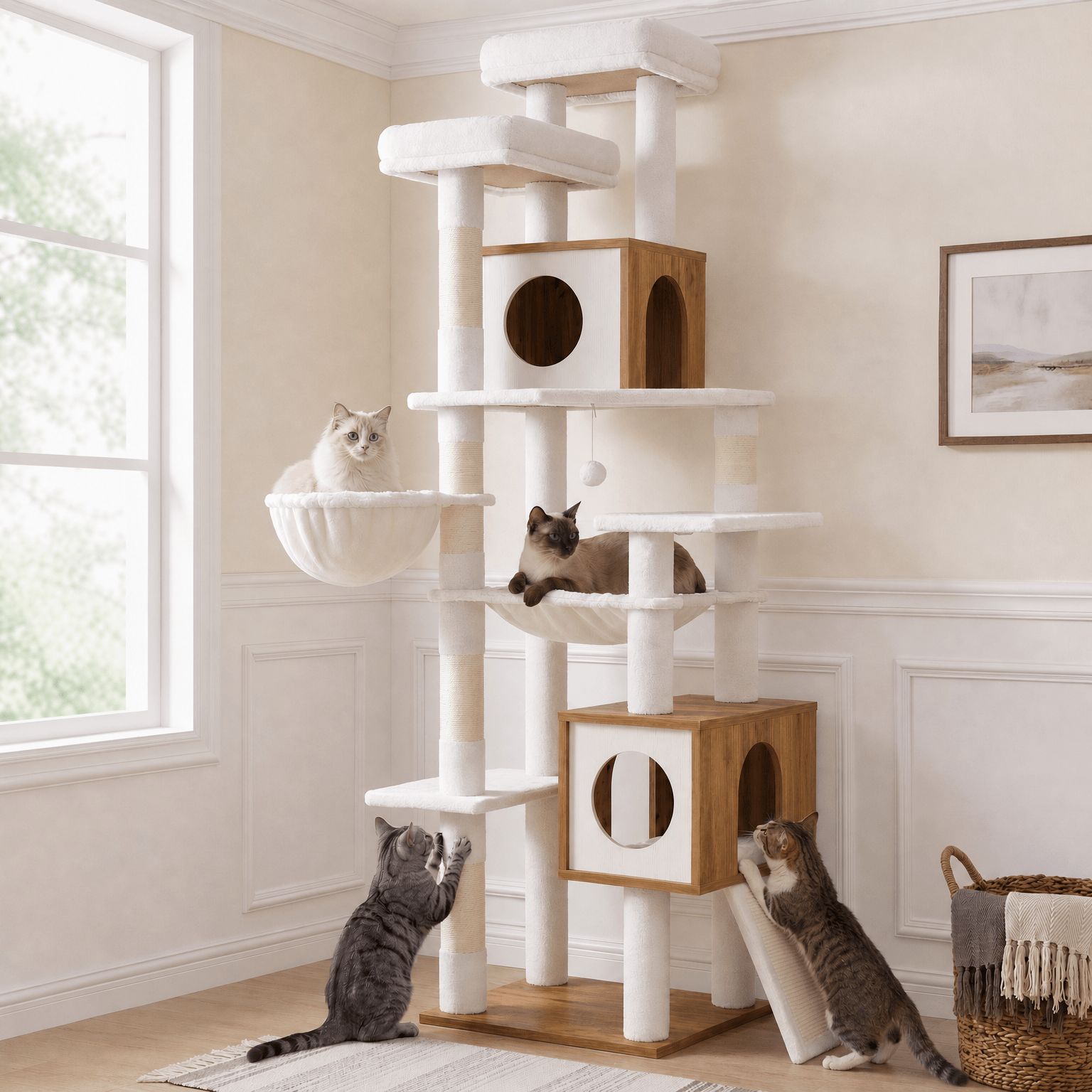 Image of Scratching Tree Xxl Cat Tower With 2 Cat Houses, 8 Levels, 45 X 55 X 191 Cm