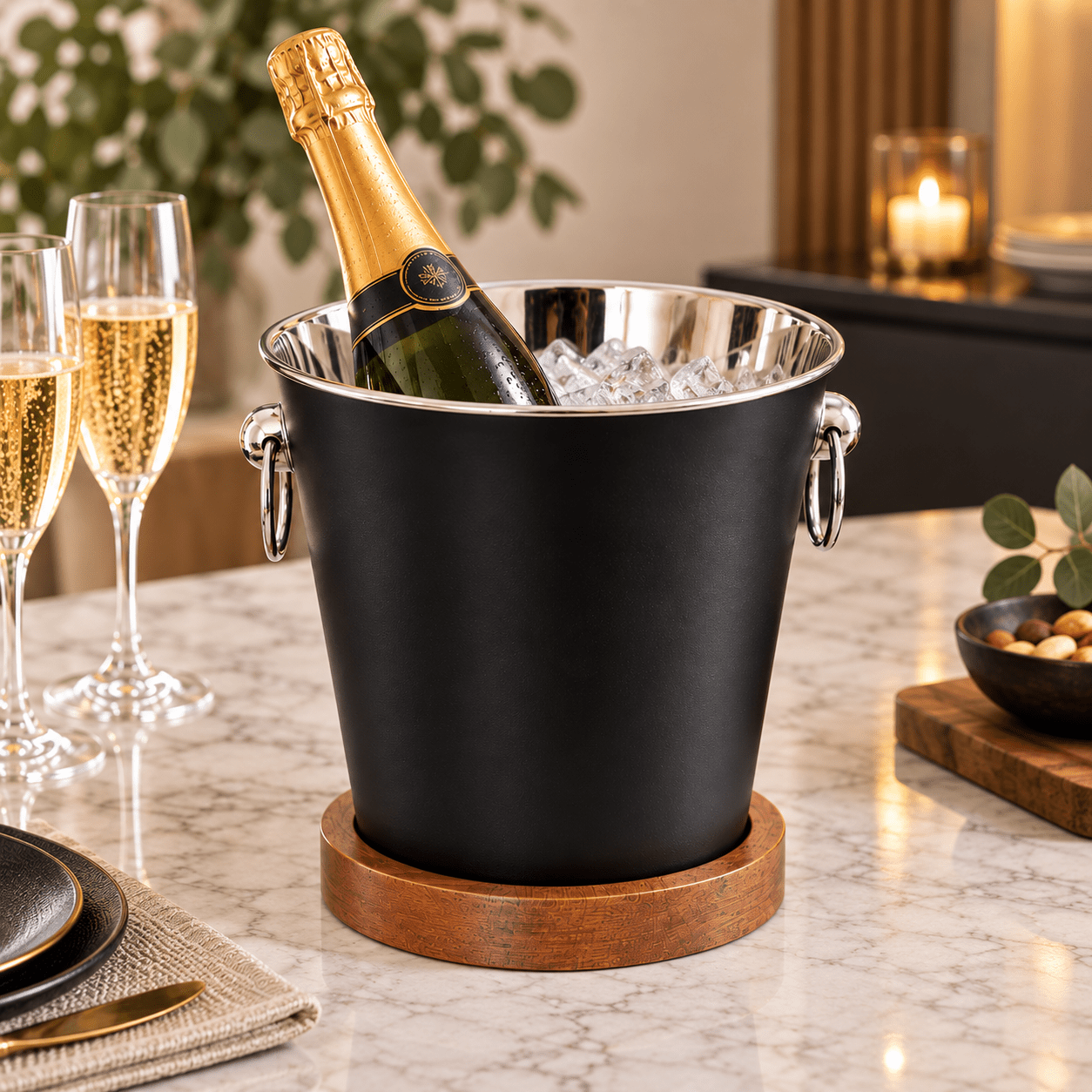 Image of Black Bucket With Stainless Steel Interior And Wooden Base – 21 X 21 X 22 Cm Bottle Cooler