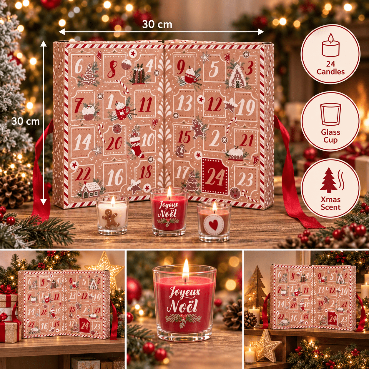 Image of Advent Calendar With 24 Scented Candles – Red And Christmas Box With Glass Candles For Adults And Teenagers