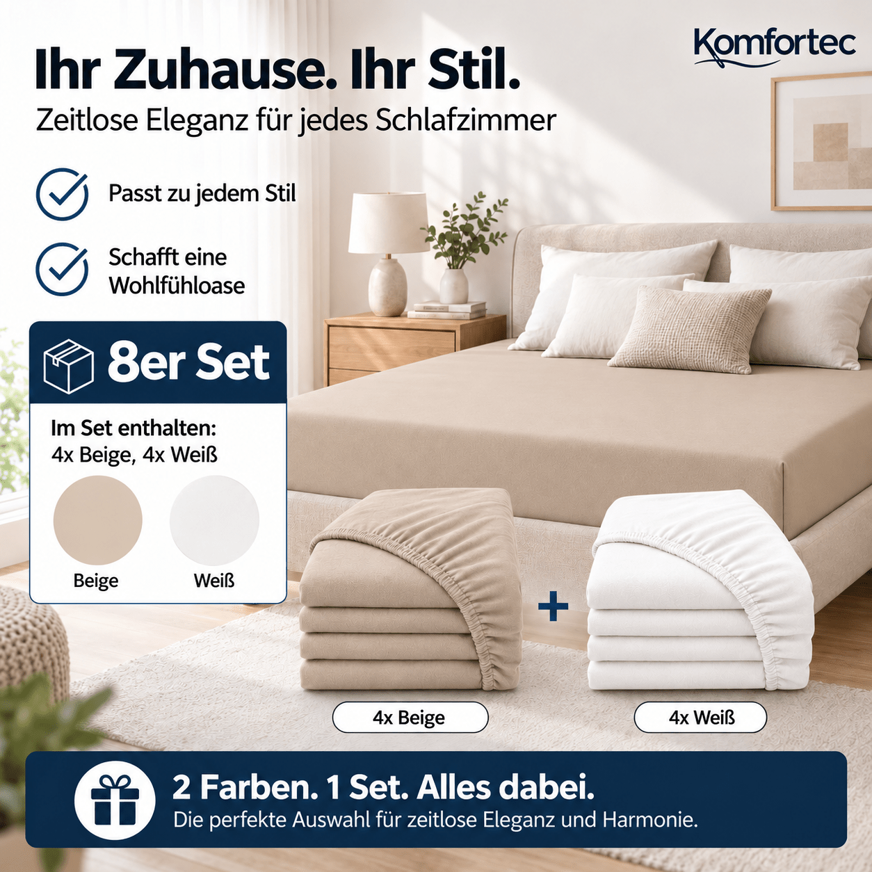 Image of 8-piece Set Fitted Sheets 100% Cotton With Elastic Band, Soft Cotton Fitted Sheets For Mattresses, -tex Certified, 90x200, 140x200, 160x200, 180x200, 200x200 Cm, Beige And White