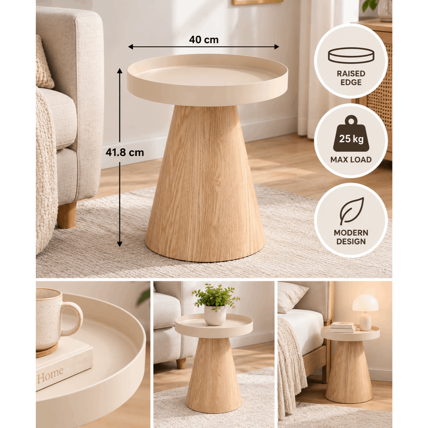 TEMU Table d’appoint ronde beige 40 cm avec plateau à rebords et pied – Petite table de salon, bout de canapé ou table de chevet