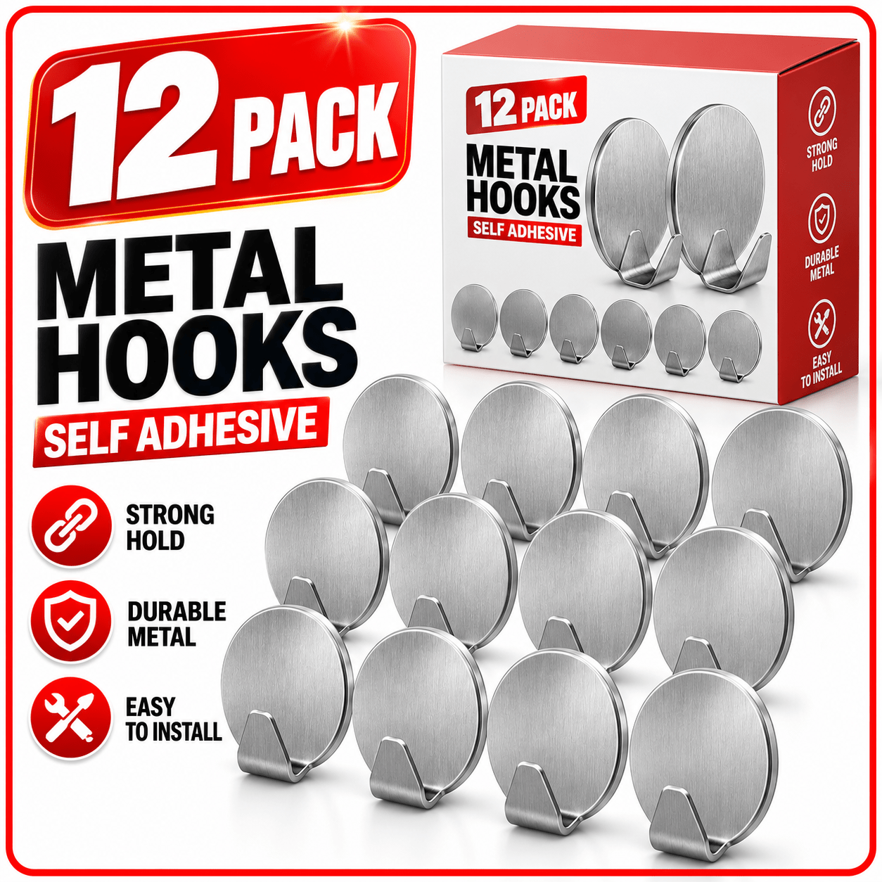 TEMU 12 Pack Self Adhesive Hooks | Metal Wall Hooks With Strong Adhesive Backing | No Drill Stick On Hooks For Towels, Coats, Keys, Bags | Bathroom,