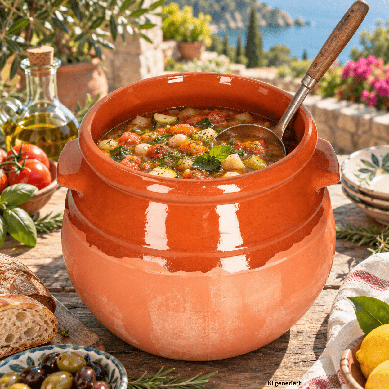 Image of 1x Tontopf 4.5l Mediterranean, Reddish-brown, Partially Glazed Clay Pot With 2 Handles For Stew, Soup, Braising Dishes, Serving Or Decorative As A Flower Pot.