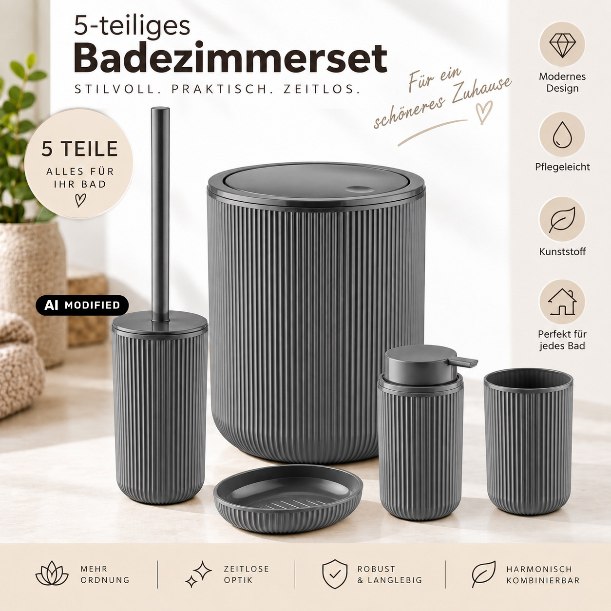 TEMU Axentia 5-piece Bathroom Set | 5 L Waste Bin / Cosmetic Bin | 350 Ml Soap Dispenser | Toilet Brush / Toilet Brush Holder | Toothbrush Cup | Soap