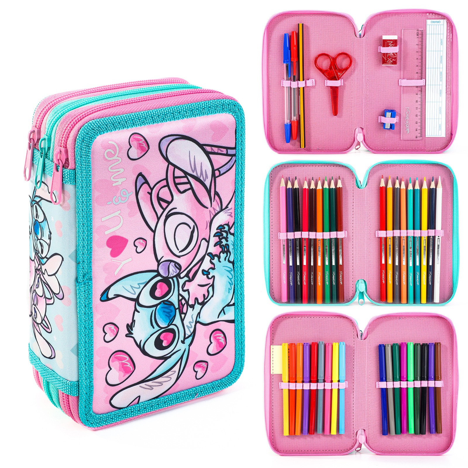 TEMU & 3-zip Filled Pencil Case With School Stationery – Pink & Turquoise Triple Compartment Pencil Case For Girls, Back To School Supplies (2)