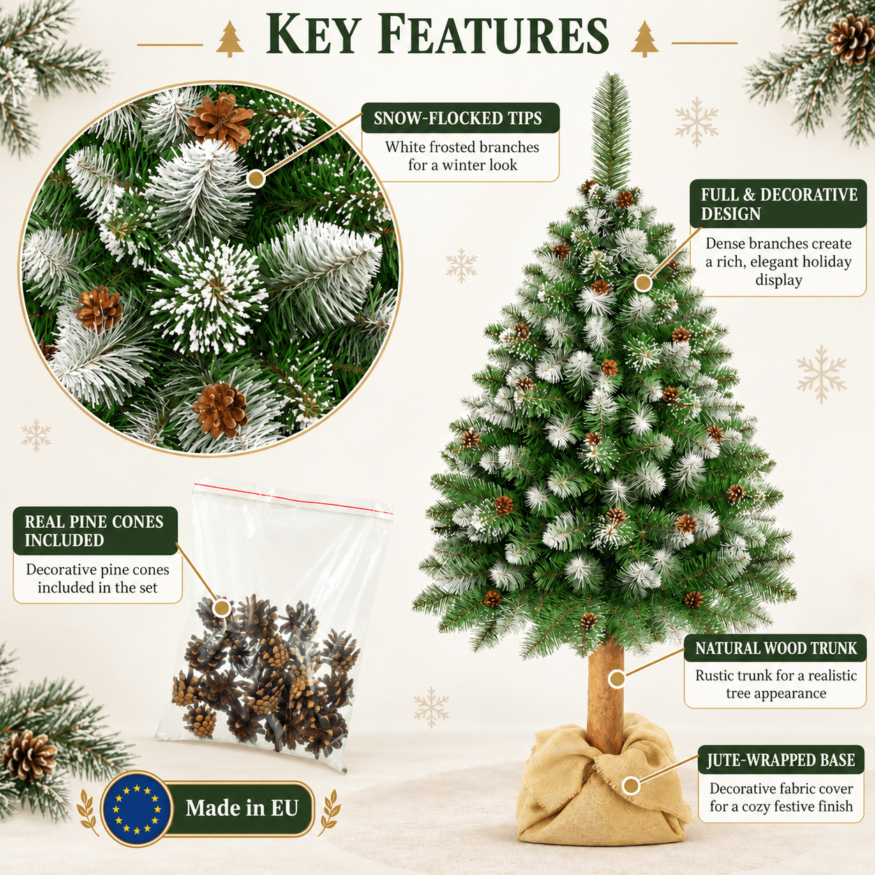Image of 180 Cm Artificial Christmas Real Wooden Trunk, Densely Flocked Diamond Pine With , Natural Pine Cones & Jute Cover, Artificial For Living Room & Christmas Decor, Made In Eu