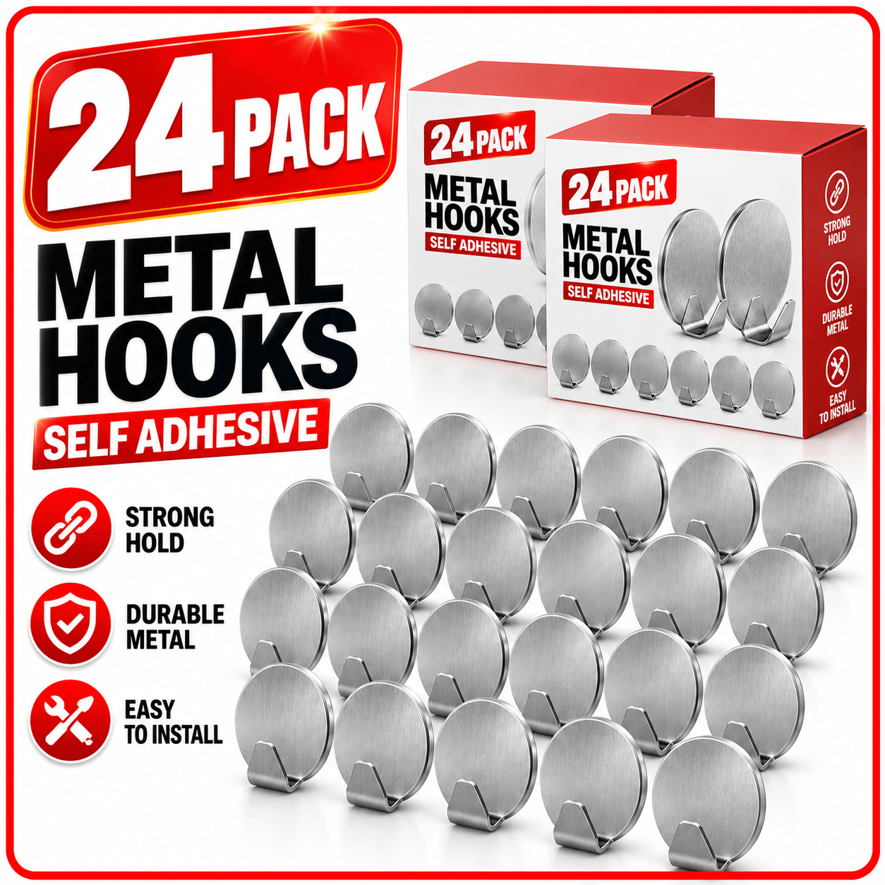 TEMU 24 Pack Self Adhesive Hooks | Metal Wall Hooks With Strong Adhesive Backing | No Drill Stick On Hooks For Towels, Coats, Keys, Bags | Bathroom,