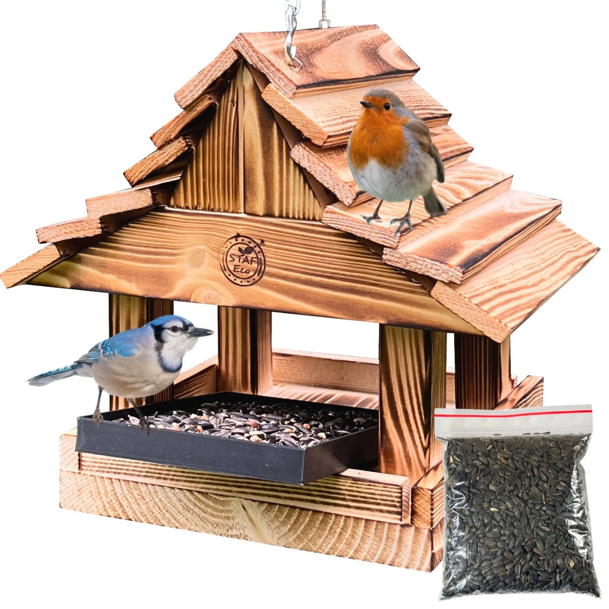 Image of Wooden Bird Feeder With Chain, , For With Practical Feed Drawer + 200g Free