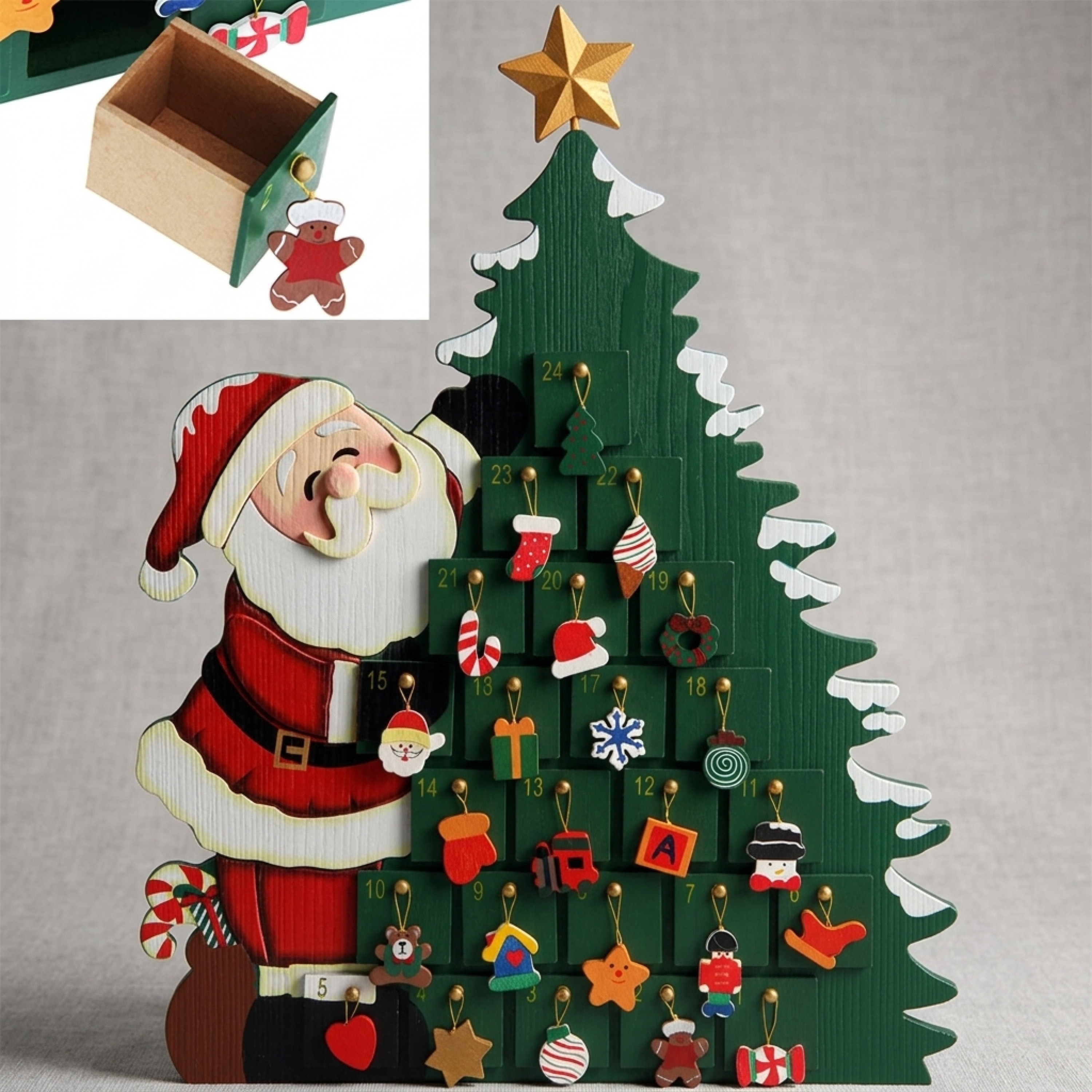 Image of Advent Calendar Santa Claus For Filling, 24 Doors, Reusable, Colorfully Painted, Christmas, , Festive Wooden Decoration