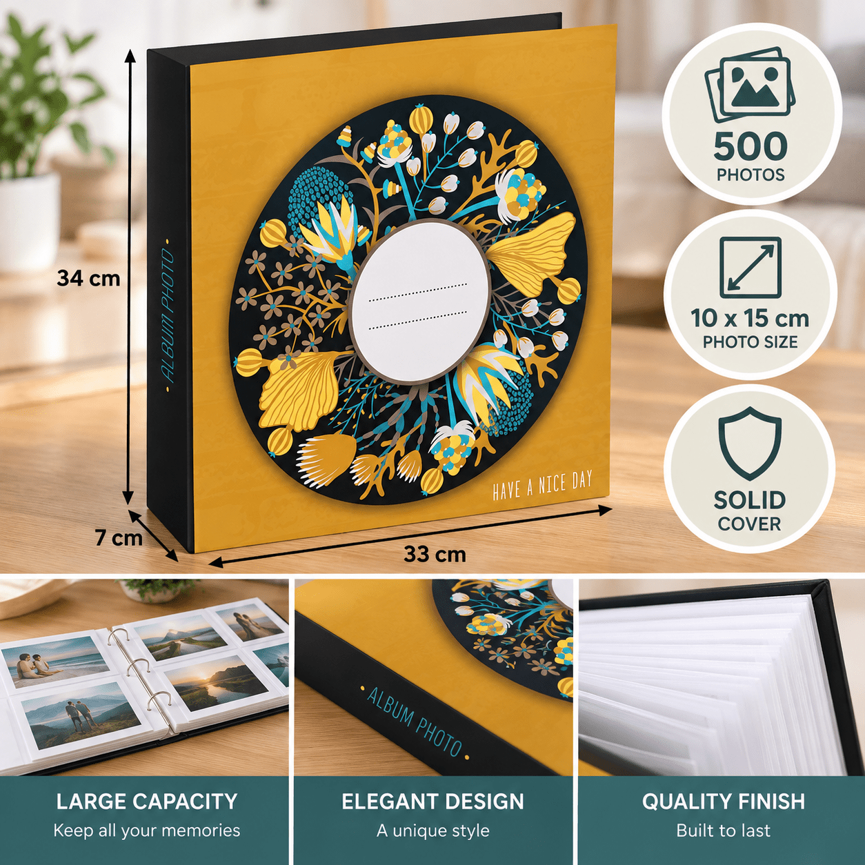 TEMU Album photo 500 photos 10 x 15 cm – Couverture rigide moutarde – Grande pour souvenirs famille, mariage et anniversaire