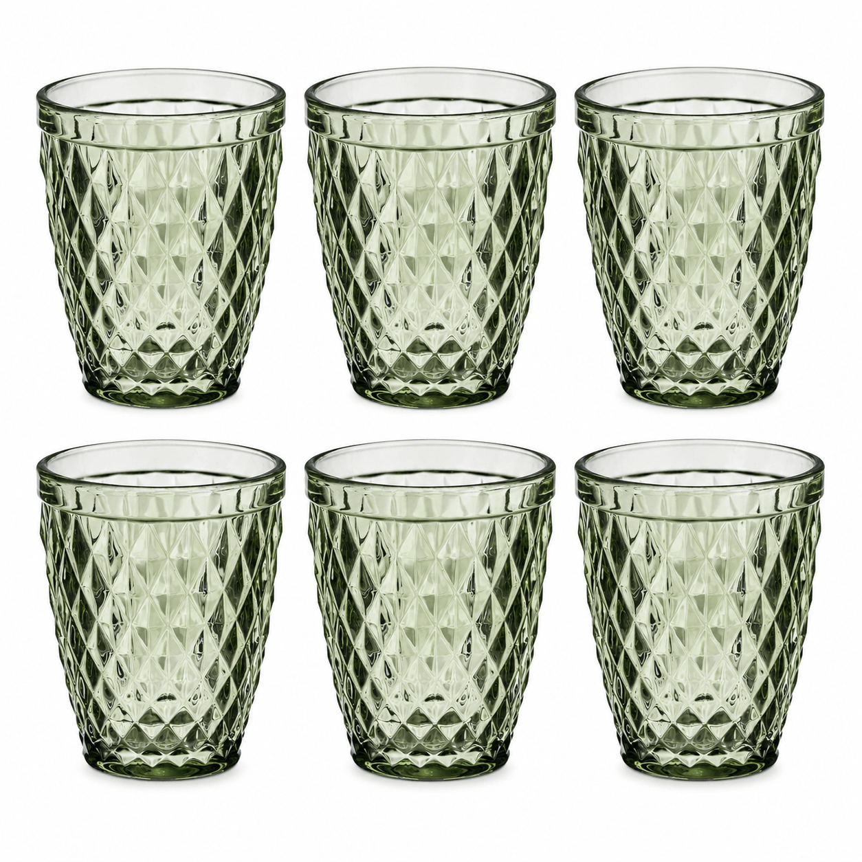 TEMU Set de 6 Vasos de Vidrio Verde con Relieve Diamante 270 ml – Vasos Decorativos para Agua, Refrescos, Zumos y Bebidas