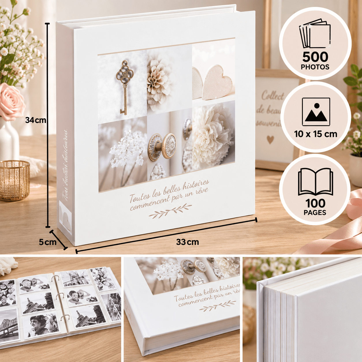 Image of Large White Photo Album For 500 Photos 10 X 15 Cm – 100 Pages With Sleeves – Wedding Memory Album 34 X 33 X 5 Cm