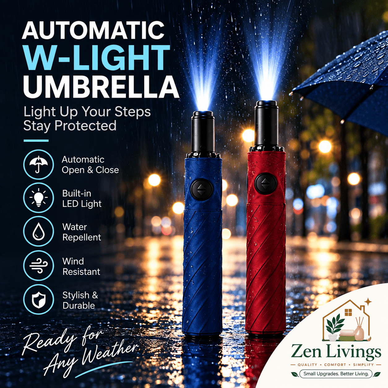 TEMU Zen Automatic Led Light Umbrella, Compact Folding Windproof Waterproof Travel Umbrella, Auto , Built-in Torch Light, Portable Navy Blue / Wine