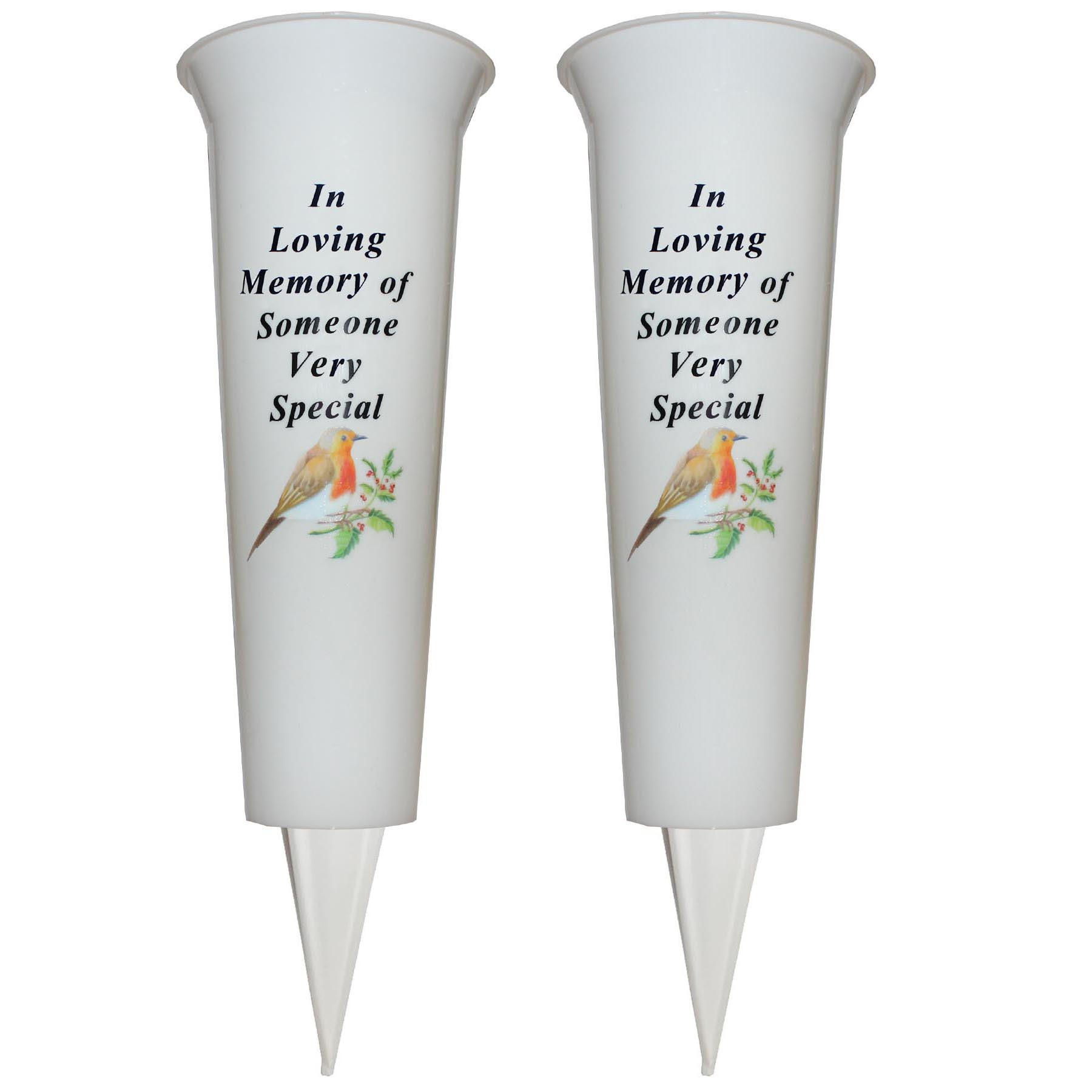 TEMU Set Of 2 Memorial Grave Flower Pot - 33cm Tall Sturdy White Memorial Graveside Flower Vase With Spike And Robin Image - In Loving Memory