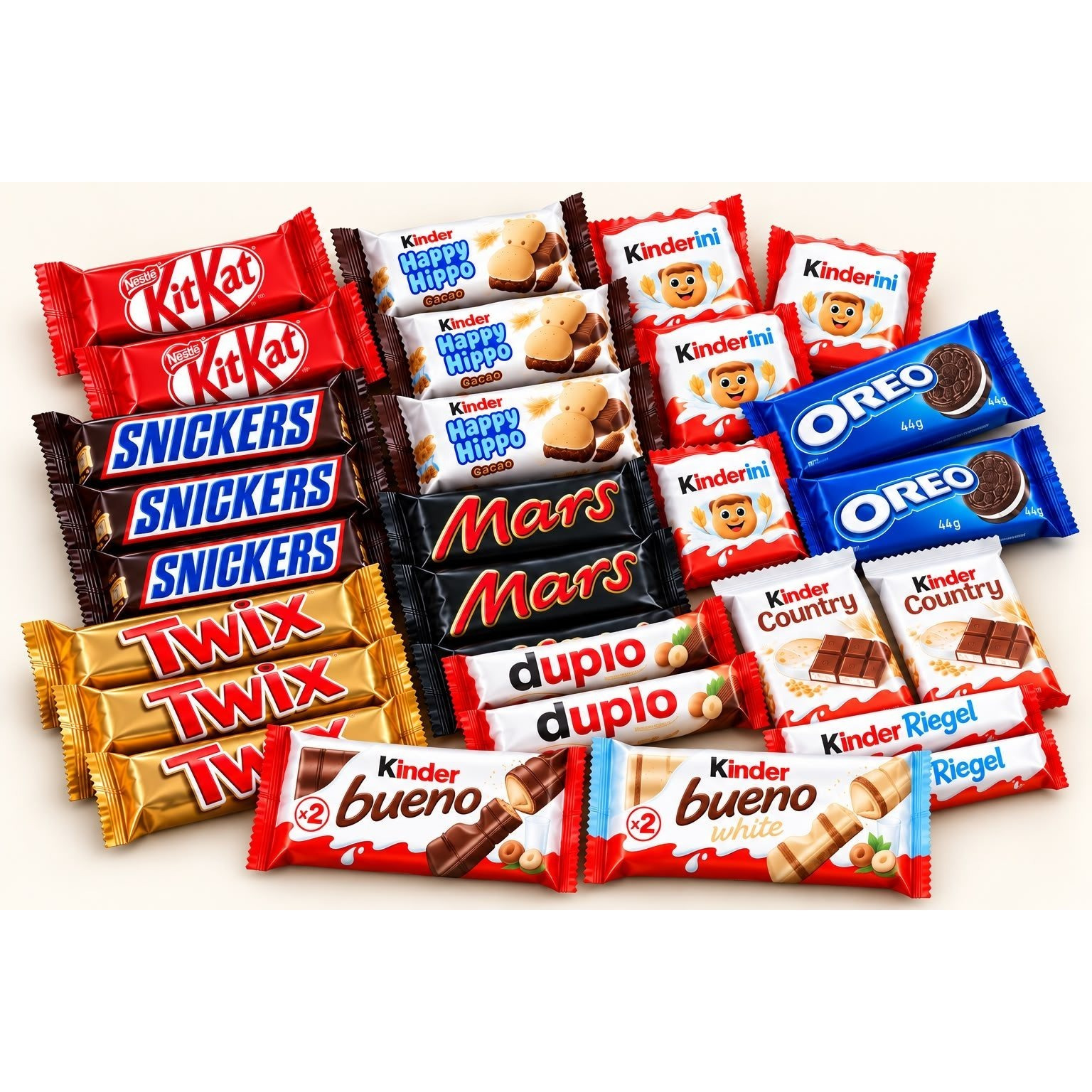 Image of Chocolate Box With 28 Individual Packs – Sweet Mix With Kitkat, Snickers, Twix, Mars, Kinder Bueno, Happy Hippo, & More