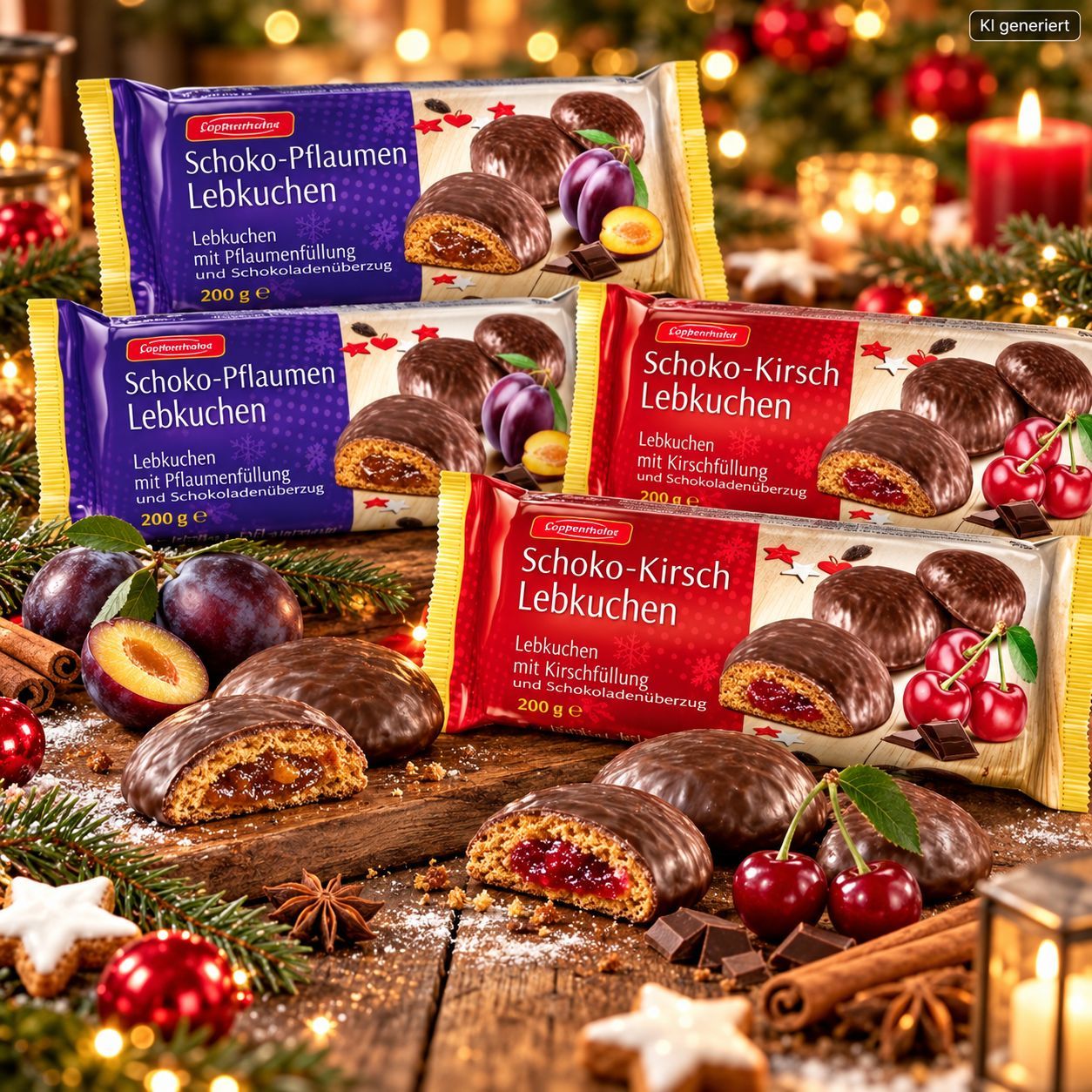 Image of Stieffenhofer Gingerbread Chocolate-plum & Chocolate-cherry – 4 X 200 G – 2 Packs Each – Filled Gingerbread With Chocolate Coating – Christmas Treats – 800 G Value Pack