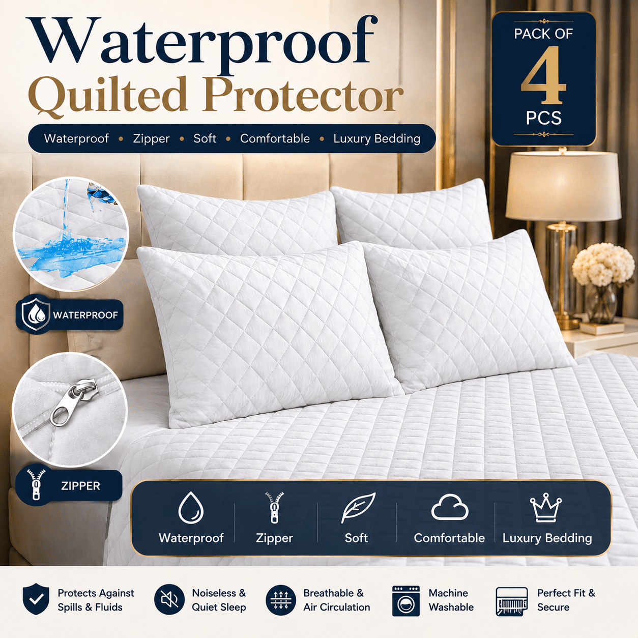 TEMU Pack 4 Quilted Waterproof Pillow Protective Covers, Suitable For , Comfortable, Breathable, Cool, Smooth, Skin-friendly, And Hair-friendly To