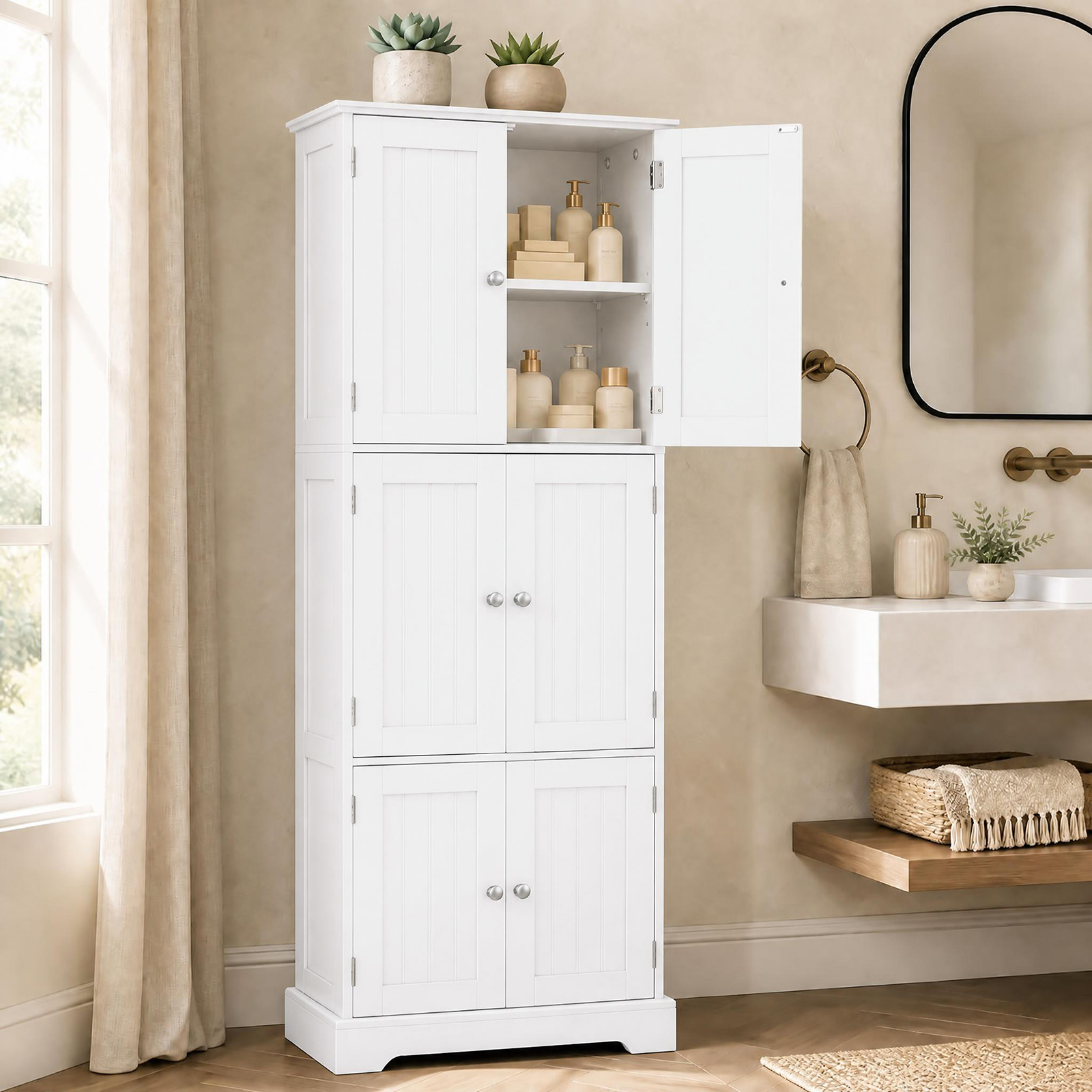 Image of Storage Cabinet, Freestanding Pantry And Bathroom Cabinet With Adjustable Shelves For Kitchen, Living Room, And Bathroom