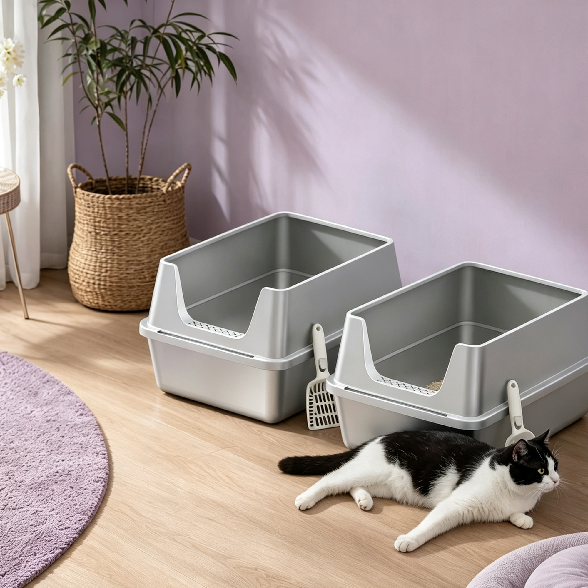 Image of Xxl Double-pack Extra-wide Stainless Steel Litter Box With Raised Sides And Front Step; Large Capacity Suitable For Large Cats