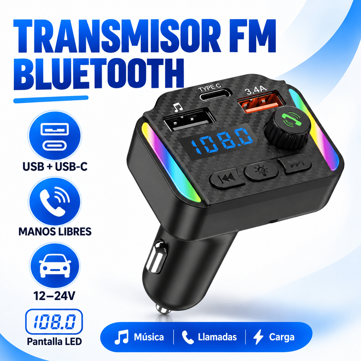 TEMU Cargador de coche con doble puerto USB/Type-C de carga rápida, Carga rápida PD de 20 W.compatible con carga rápida y con función de transmisión