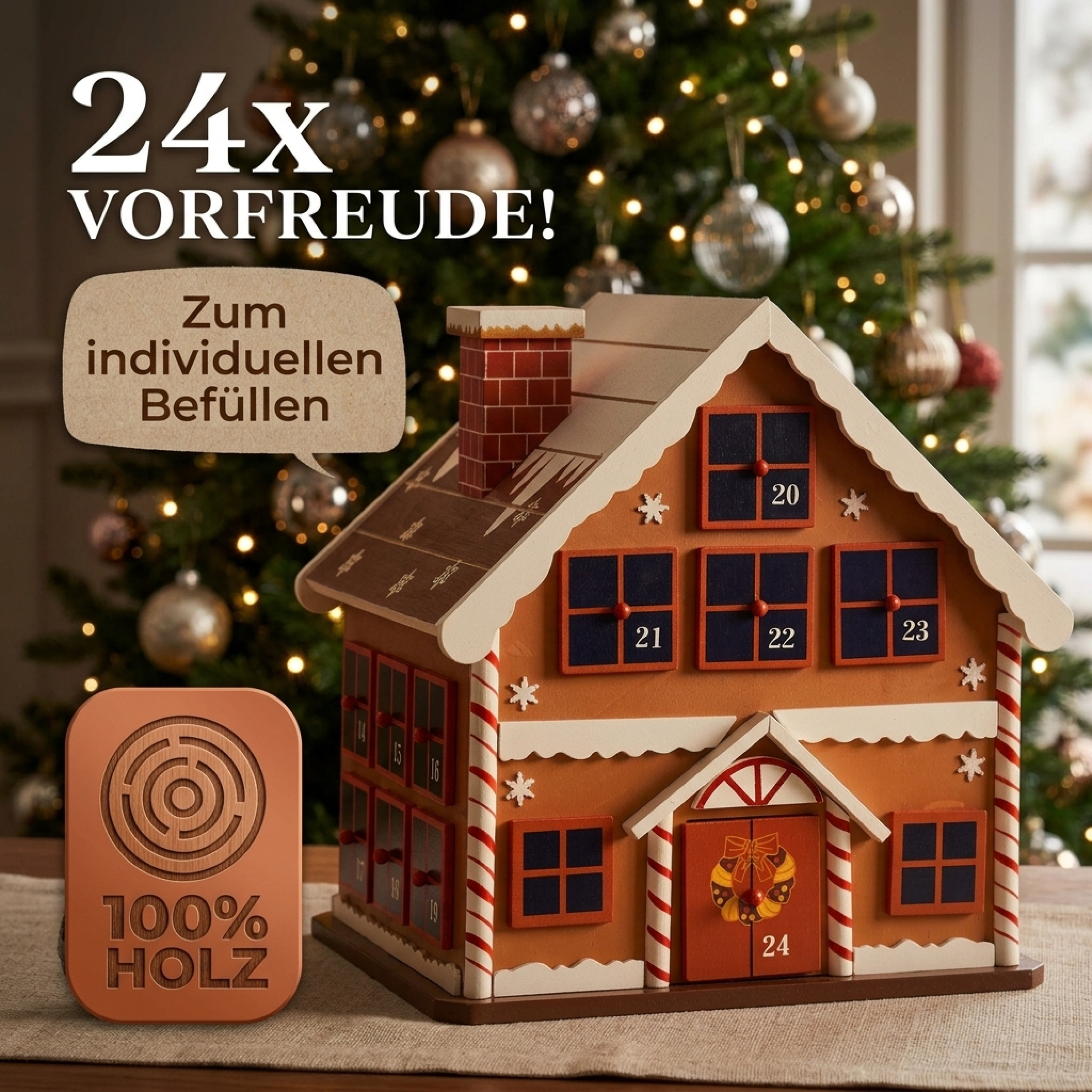 TEMU Advent Calendar Winter Cottage For Filling, 24 Doors, Reusable, Colorfully Painted, Christmas, , Festive Wooden Decoration