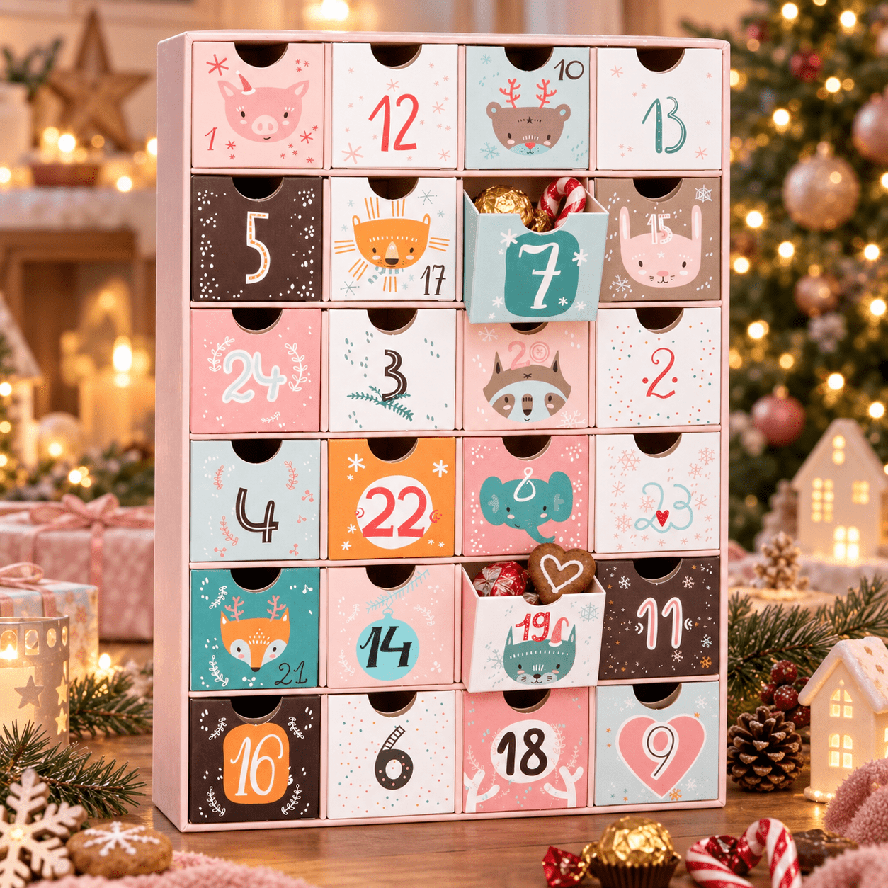 Image of Brubaker Fillable Advent Calendar - Animals And Christmas Pink - Diy Christmas Calendar With 24 Doors For Vouchers & Sweets - 32.5 Cm - Cardboard