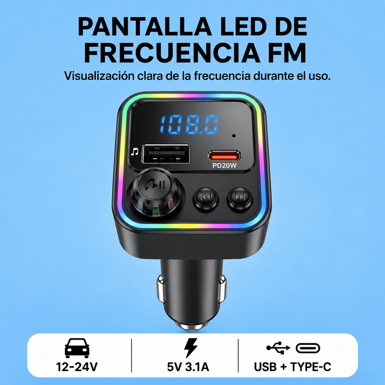 TEMU Cargador de coche con doble puerto USB/Type-C de carga rápida,Carga rápida PD de 20 W. compatible con carga rápida y con función de transmisión