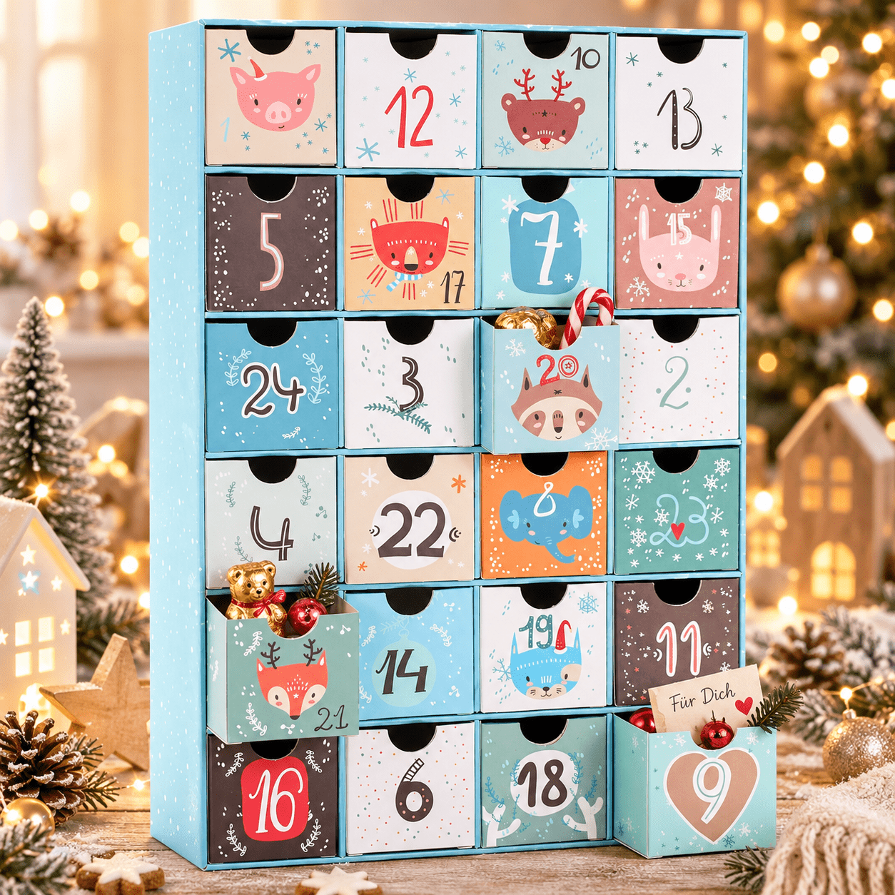 Image of Brubaker Fillable Advent Calendar - Christmas Animals Blue - Diy Christmas Calendar With 24 Doors For Vouchers, Candies, And More - 32.5 Cm Tall, Made Of Cardboard