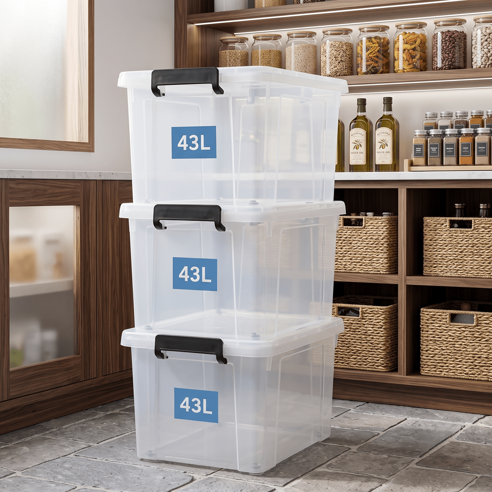 TEMU 3‑pack Clear 43l Storage Boxes With Lids & Wheels – Stackable Plastic Containers With Secure Clips And Integrated Handles For Home, Bedroom,