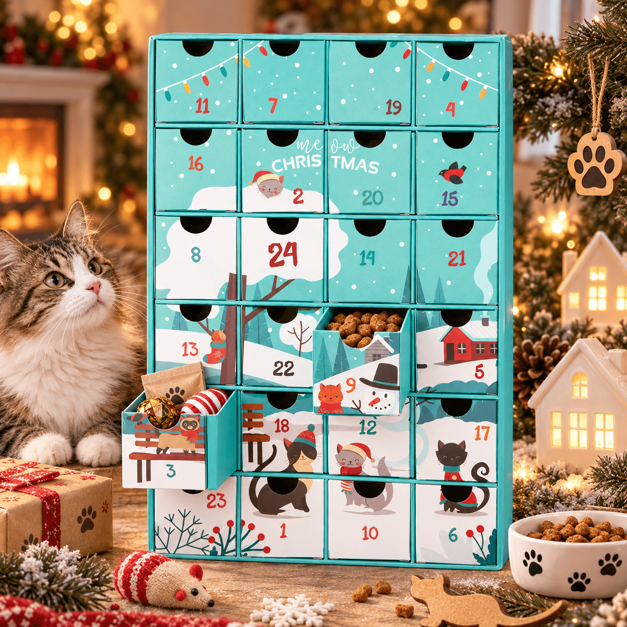Image of Brubaker Advent Calendar To Fill For Cats And Cat Lovers - Diy Christmas Calendar For Treats, Snacks, Sweets, And More - Pet Calendar With 24 Doors - 32.5 Cm