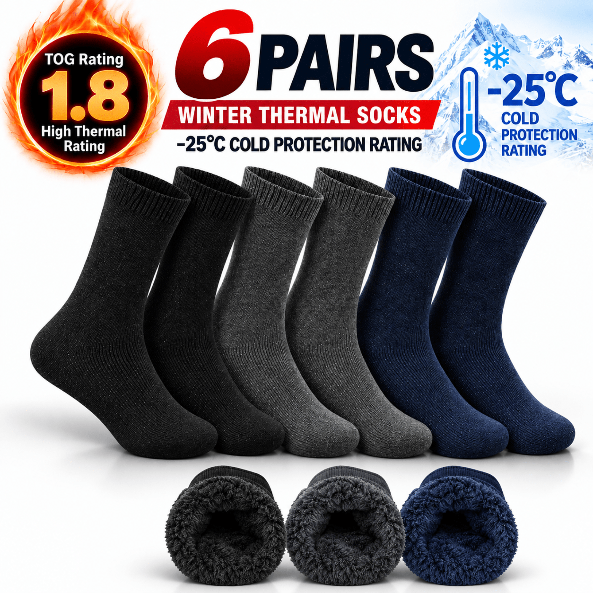 TEMU 6 Pairs Men's Bng Thermal Socks – Thick Ultra-warm Winter Socks With Long – Extra Strong Yarn & Brushed Inside – Soft Comfortable Cold Weather
