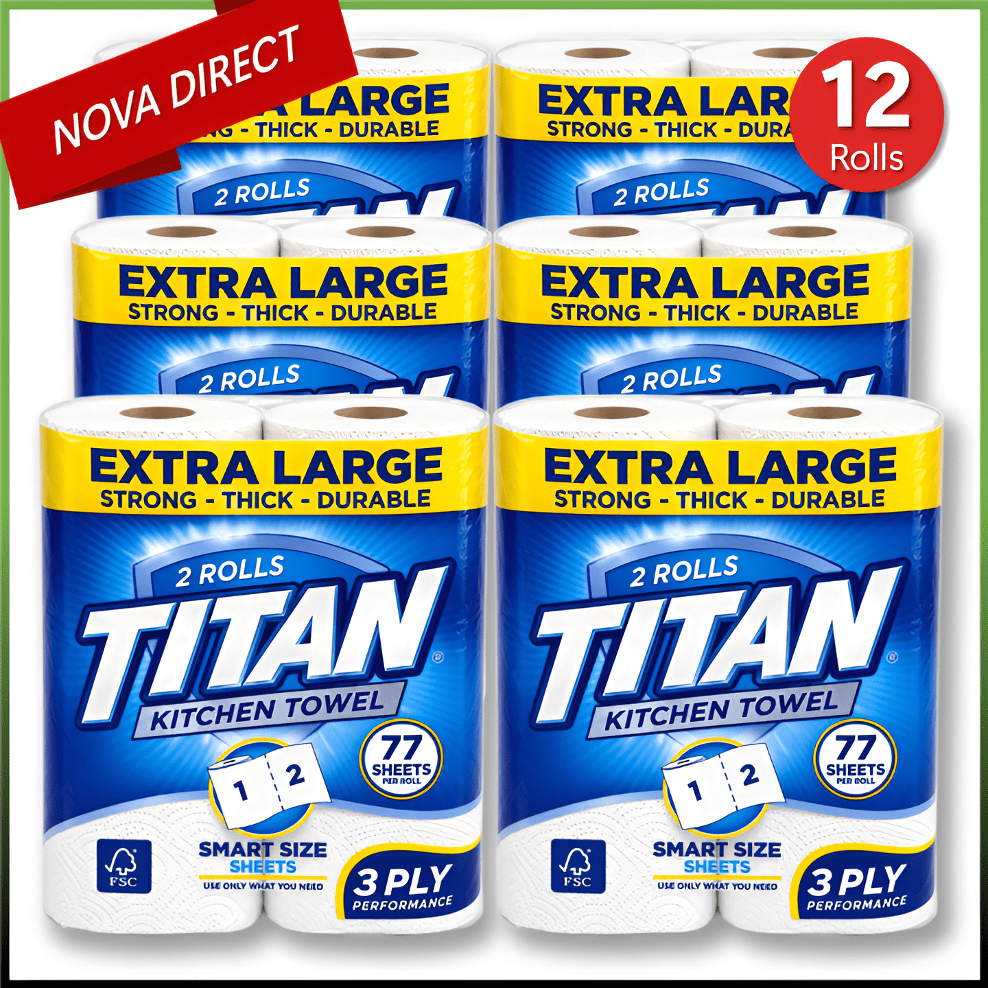 TEMU Xl 12 Kitchen Rolls – 3-ply Extra Large, Strong & Absorbent Kitchen Paper Towels With Sheets