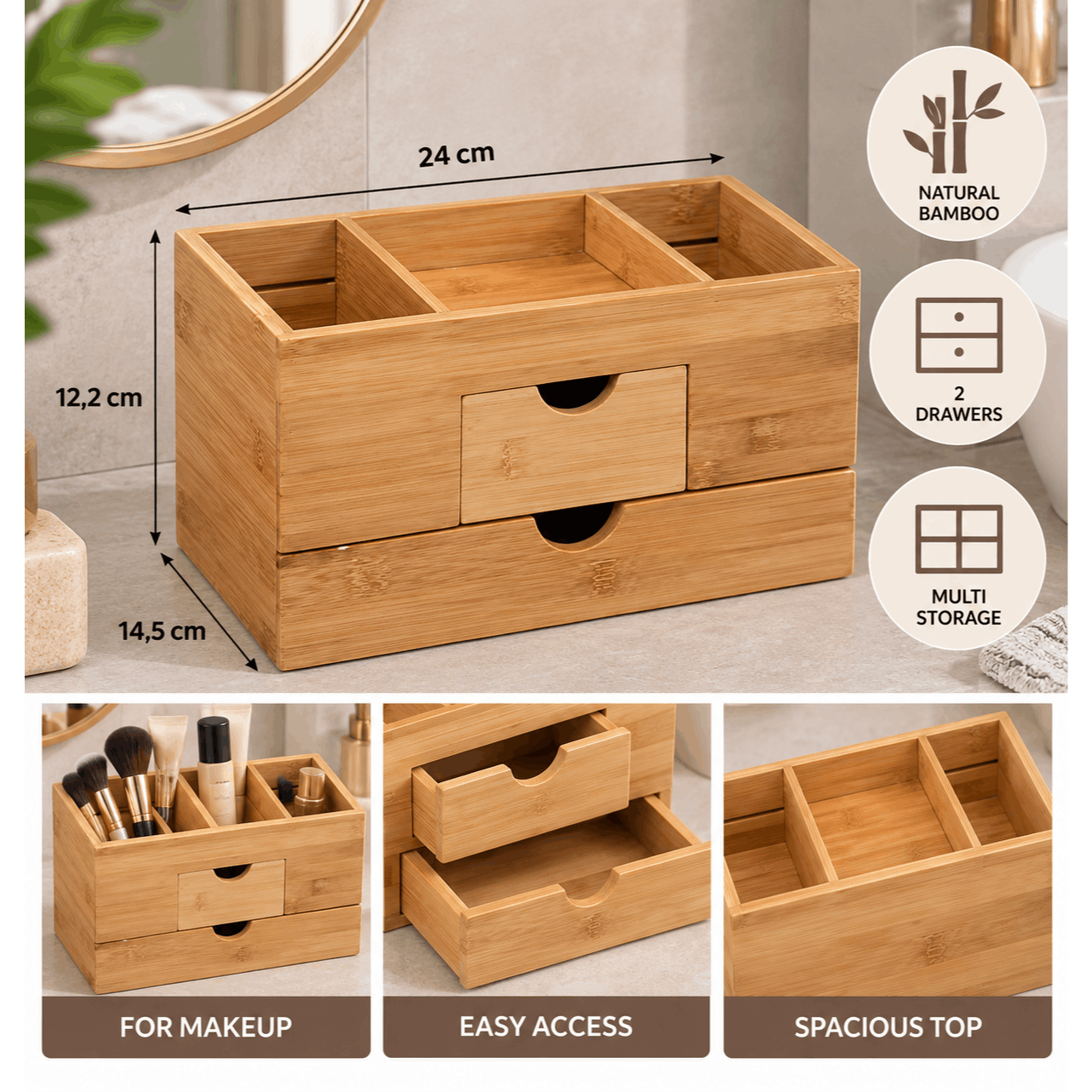 Temu Marron Organisateur De Rangement En Bambou Avec 2 Tiroirs Et Compartiments Supérieurs – Boîte De Rangement Polyvalente Pour Bijoux, Accessoires Et Objets
